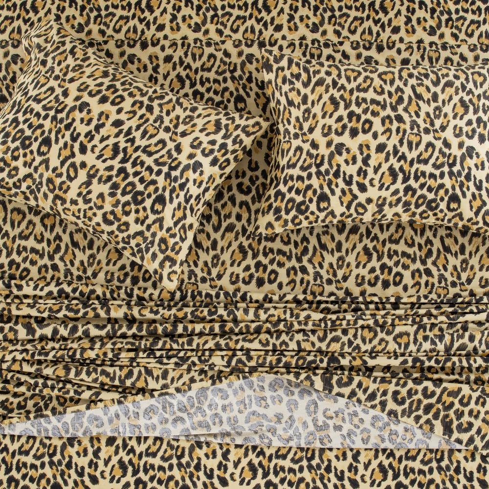 DAUAOTO King Size Printed Sheets Set, 100% Cotton Bedding Sets, Up to 14" Deep Mattress, Modern Pattern Bedlinen Set, Leopard Yellow