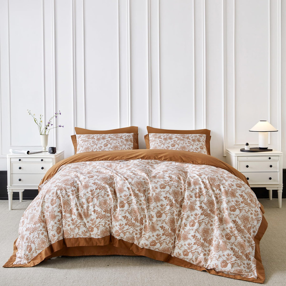 SUSYBAO Floral Duvet Cover Queen 100% Cotton 3 Pcs Set 1 Farmhouse Botanical Flower Duvet Cover with Zipper Ties 2 Pillow Shams Decorative Brown Ruffle Hem Bedding Set Soft
