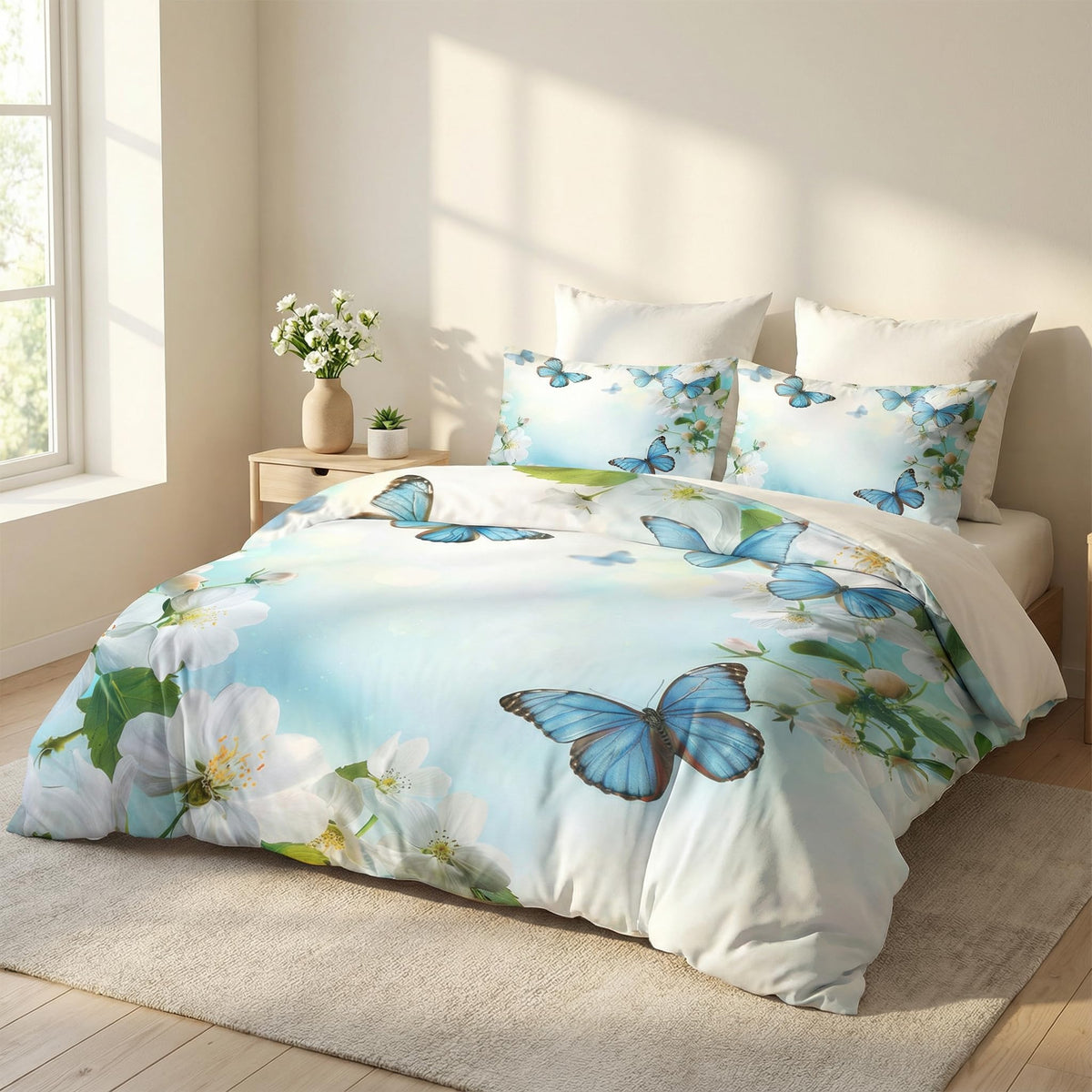 CCoutueChen Kids Twin Size Butterfly Floral Comforter Set, 2 Pcs Blue Botanical Flowers Soft Bedding for Girls, Warm Microfiber Country Bed Set with 1 Pillowcase, 68"x86"