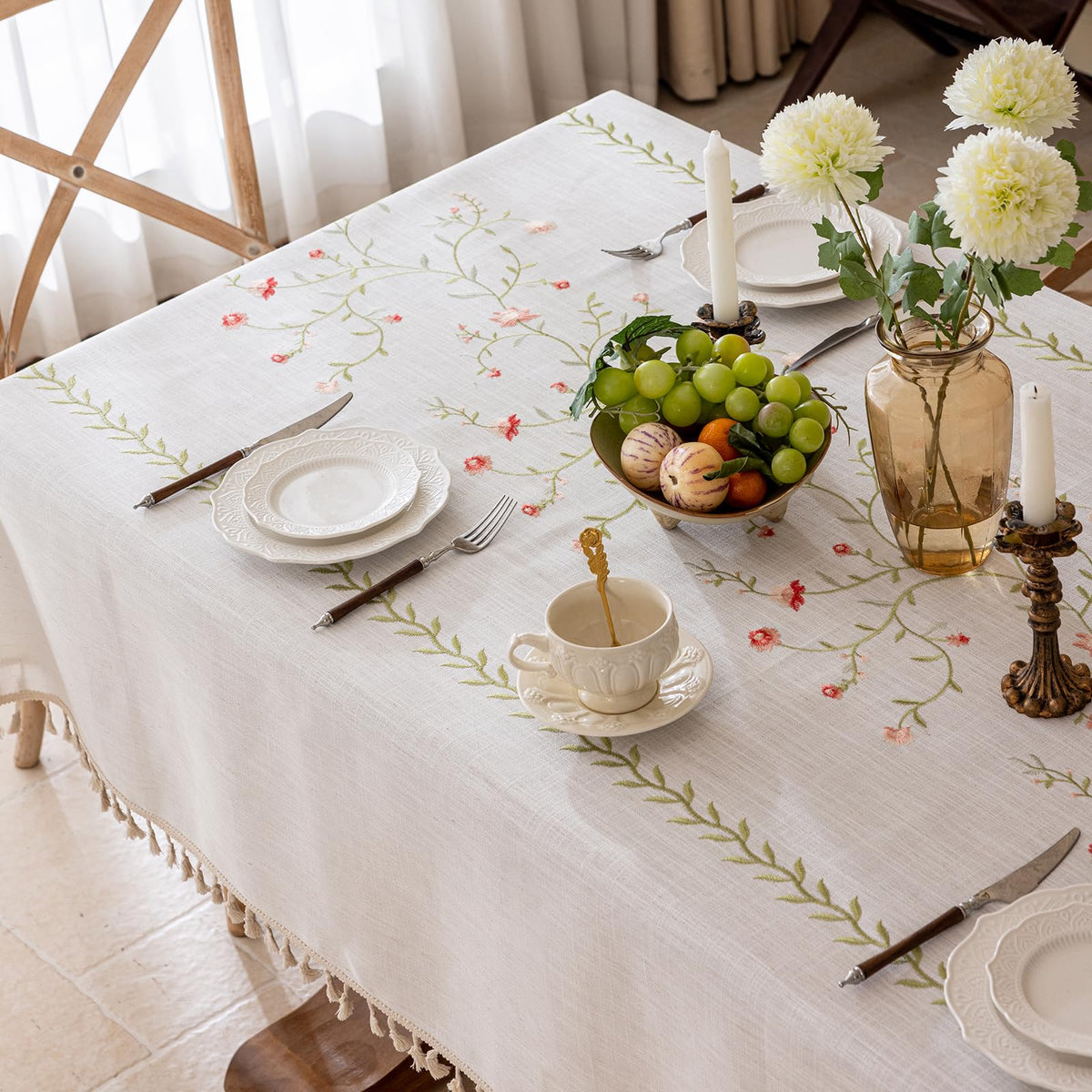 Joyfol Day Linen Spring Flowers Tablecloth with Tassels, Rustic Farmhouse Embroidery Waterproof Table Cloths for Rectangle Tables, Heavy Weight Spill-Proof Table Covers, Pink Florals, 55''x 102''