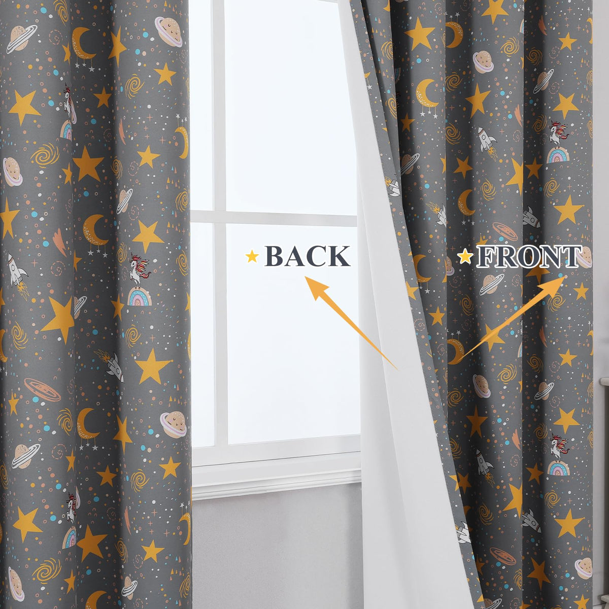 Estelar Textiler Planets Unicorn Printed Grey Blackout Curtains for Nursery Bedroom, Thermal Insulated Room Darkening Star Moon Pattern Grommet Window Drapes for Toddler Room,Gray, W38 x L63, 2 Panels