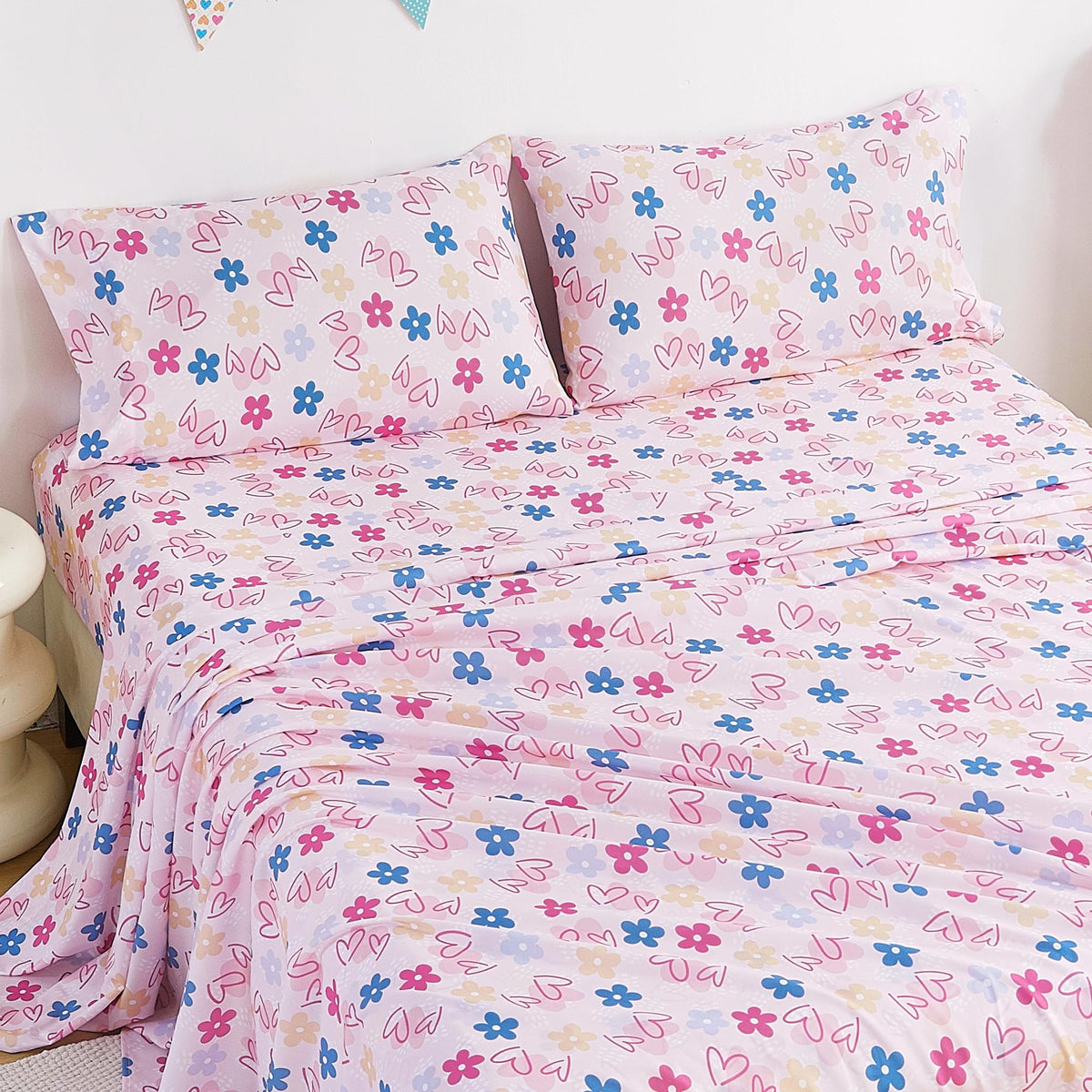 CozySmile Twin Sheet Set Kids,3 Pieces Breathable Soft Microfiber Bedsheets for Child Girls, Oeko-TEX, Anti Pilling Deep Pockets Easy Care Bed Sheets, Heart
