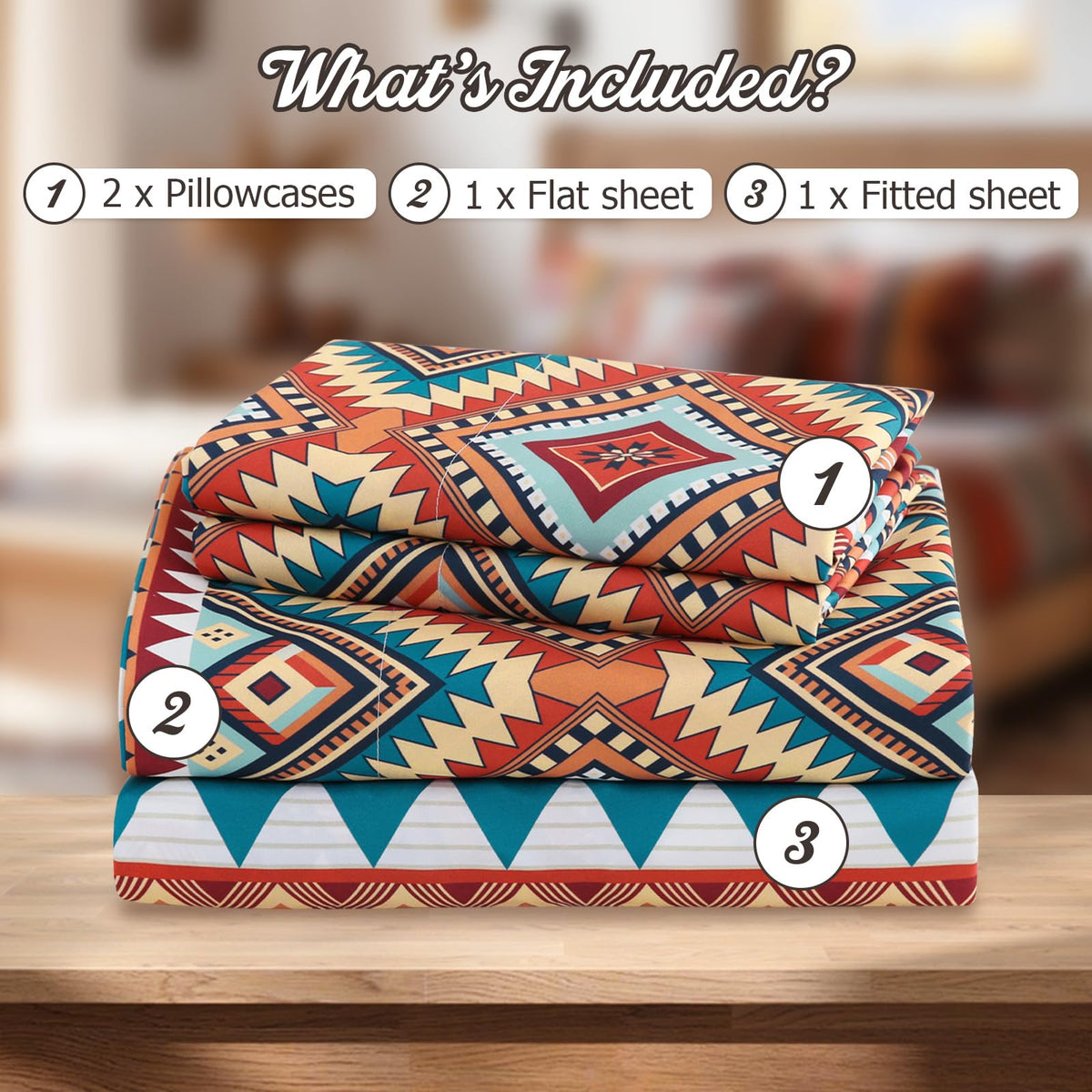 CozySmile 4 Pieces Queen Sheet Set Bohemian, Boho Sheets Soft Microfiber Deep Pocket, Western Sheets Geometric(Queen, Rust Turquoise Diamond)