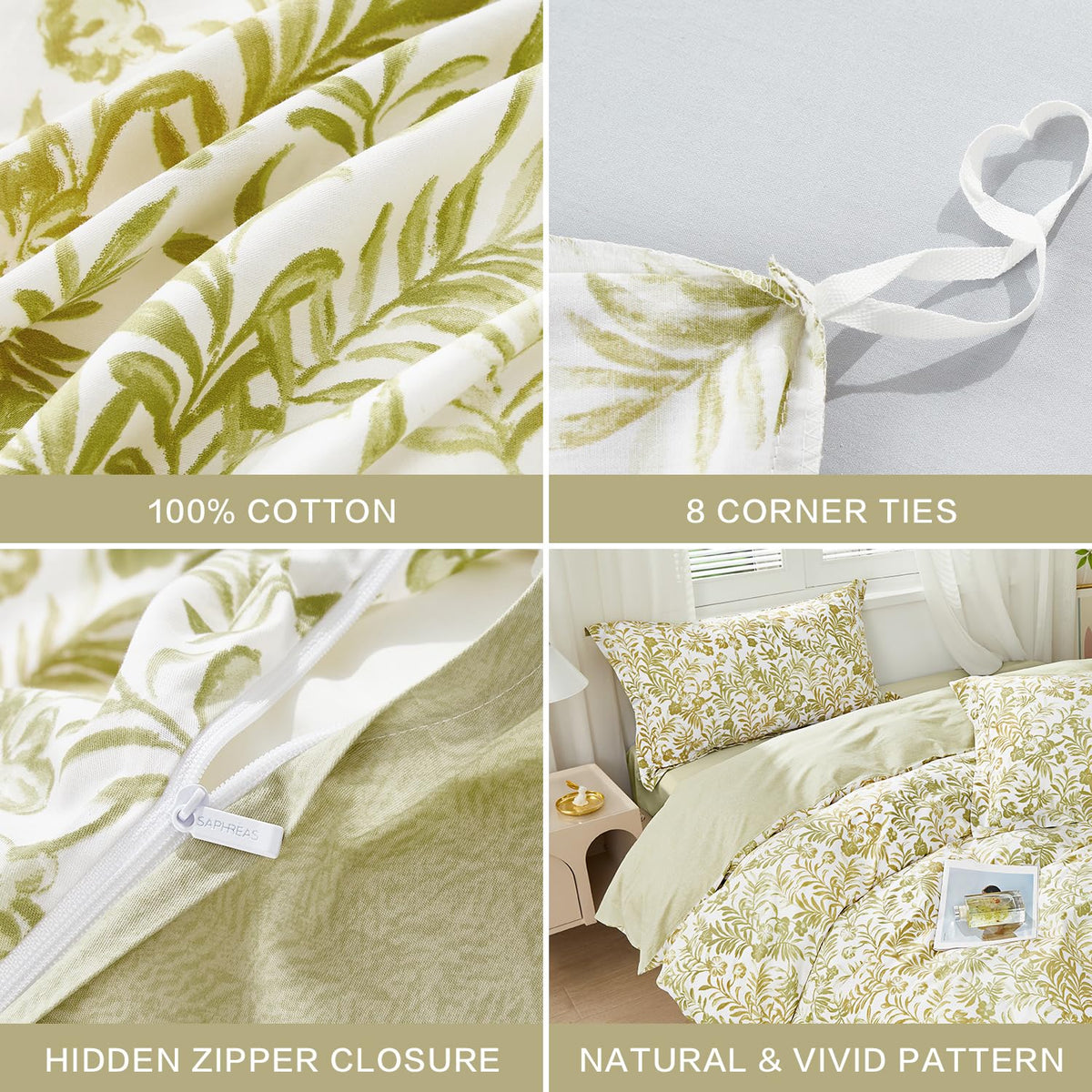 SAPHREAS Full Size Yellow Leaves Pattern Duvet Cover Set 3pcs 100% Cotton Soft Leaf Bedding Comforter Cover Set 1 Duvet Cover 2 Pillow Shams, Comforter Not Included