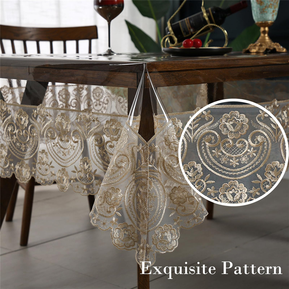 Clear Plastic Rectangle Tablecloth Vinyl Waterproof Table Cloth Embroidered Lace Edge Transparent Table Cover for Dining Kitchen Outdoor(60 x 86 inch, Coffee Style 1)