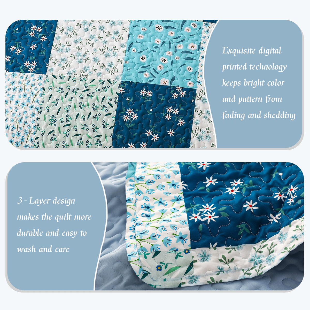 Whale Flotilla Patchwork Quilt King Size, Extra Soft Boho Floral Bedspreads for Bed Reversible Lightweight King Quilt Bedding Set Printed Coverlets with 2 Pillow Shams for All Seasons, Blue