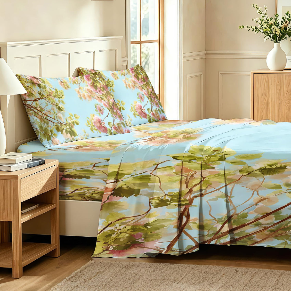 Spring Flower Bedding Set 4 Pcs Blue Sky Floral Full Sheets