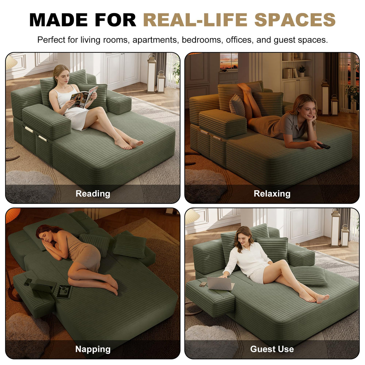 Haquiro 60.2" Oversized Chaise Lounge Chair, Boneless Corduroy Cloud Couch, Deep Seat Convertible Sofa Bed with 3 Pillows, Wide Armrests, Side Pocket, No Assembly (Green)