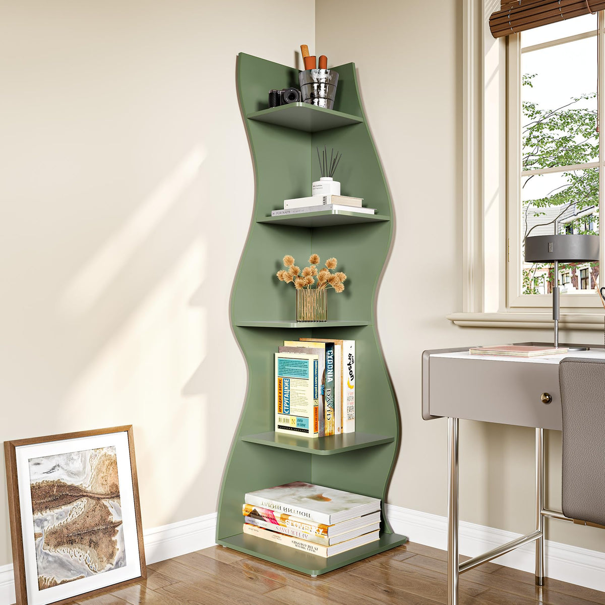 LITTLE TREE Small Corner Shelf, Modern 5-Tier Wall Corner Bookshelf, Stylish Bookcase Storage Rack for Small Space, Living Room, Bedroom
