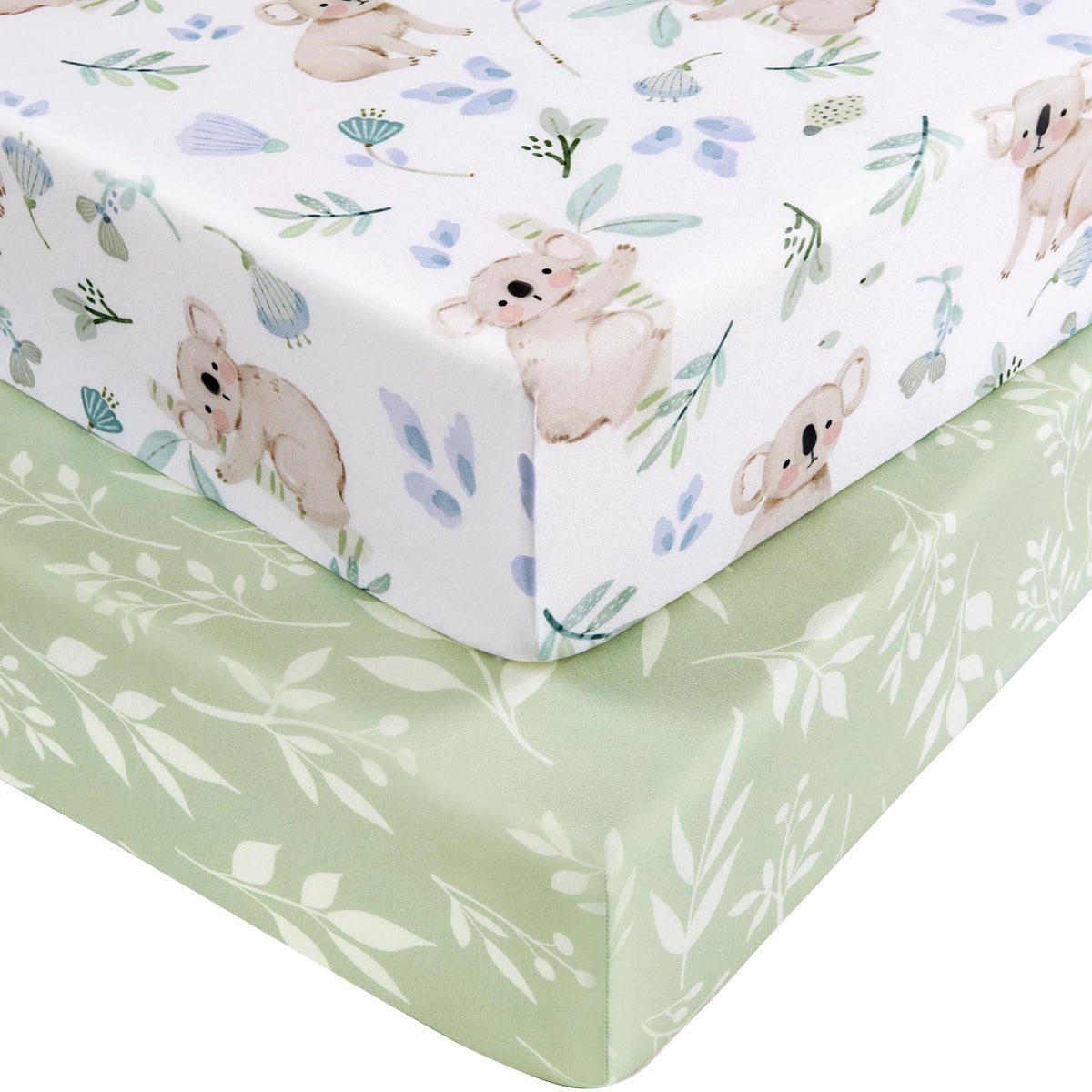 Nyessmee Pack and Play Sheets for Boys Girls, 38" x 26" Mini Crib Sheets Fitted for Pack n Play Mattress, Soft Breathable Playard Sheets, 2-Pack Green Koala