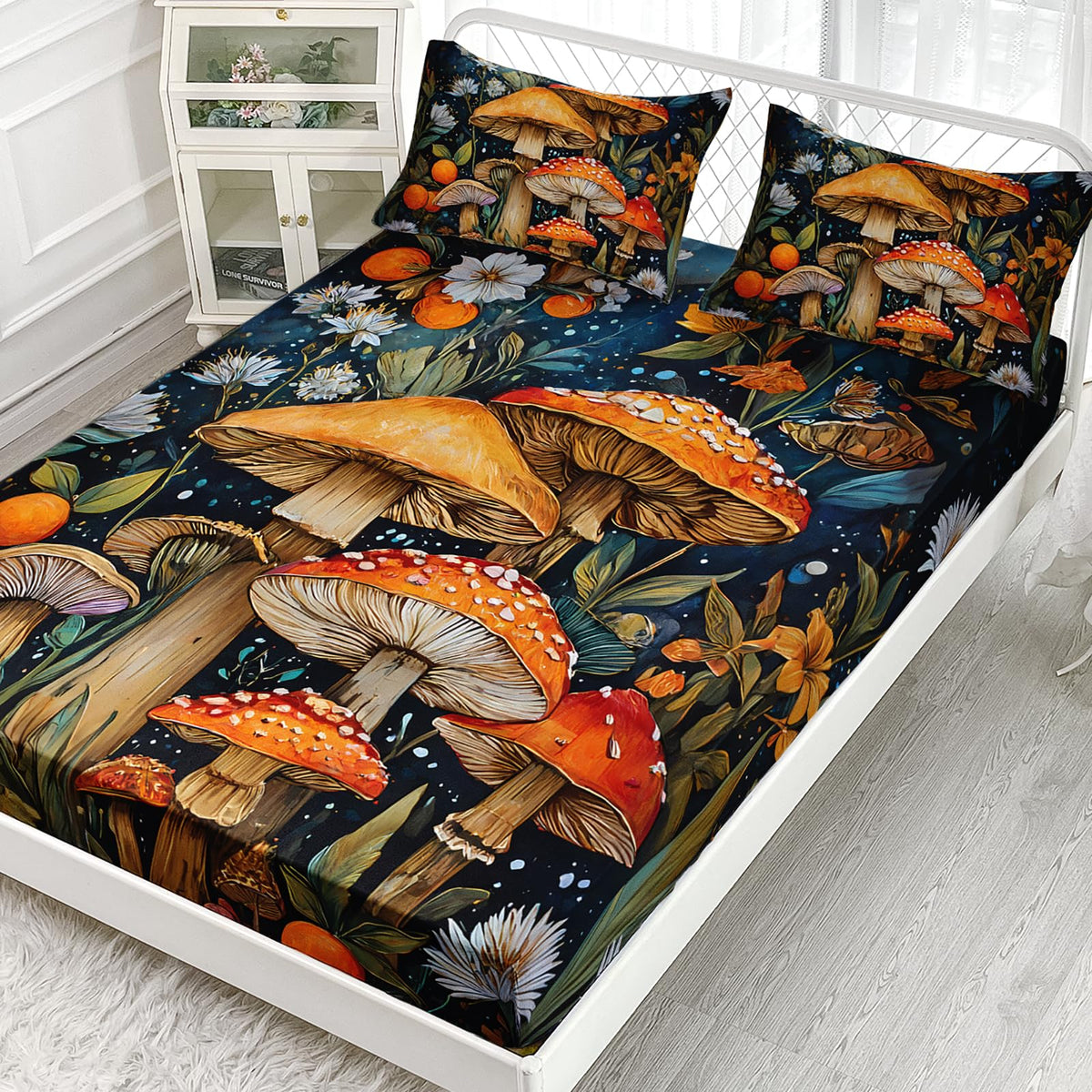 AILONEN Girls Cartoon Mushroom Fitted Sheet Set Twin Size - Nature Wild Fungus Fitted Sheet + 2 Pillowcases - Beautiful Mushroom Botanical Flowers Sheets Set 3-Piece