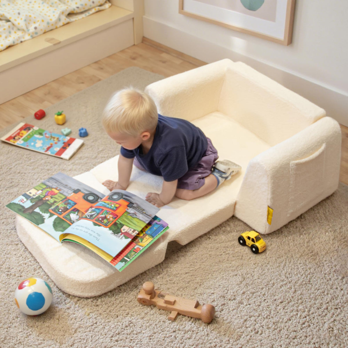 BanaSuper Wide Kids Sofa, Convertible Foam Couch for Children 3-8, Cream