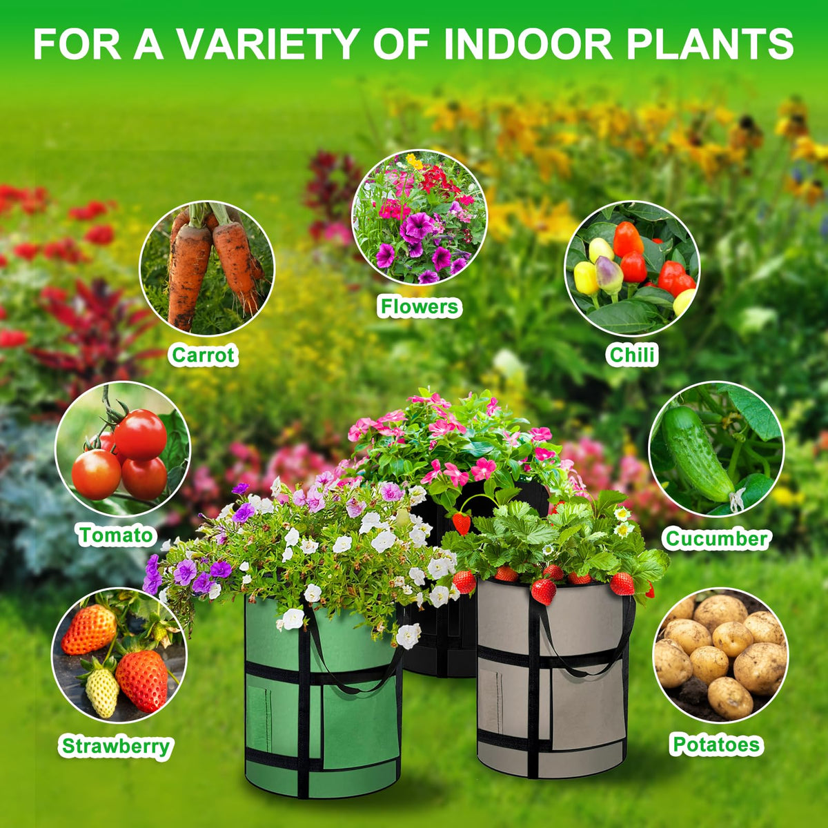 MEKOLIFE 10 Gallon Potato Grow Bags with Viewing Window, 300G Nonwoven Garden Planting Pots, Heavy-Duty Surround Handles for Gardening Supplies (6Pack Grow Bags)