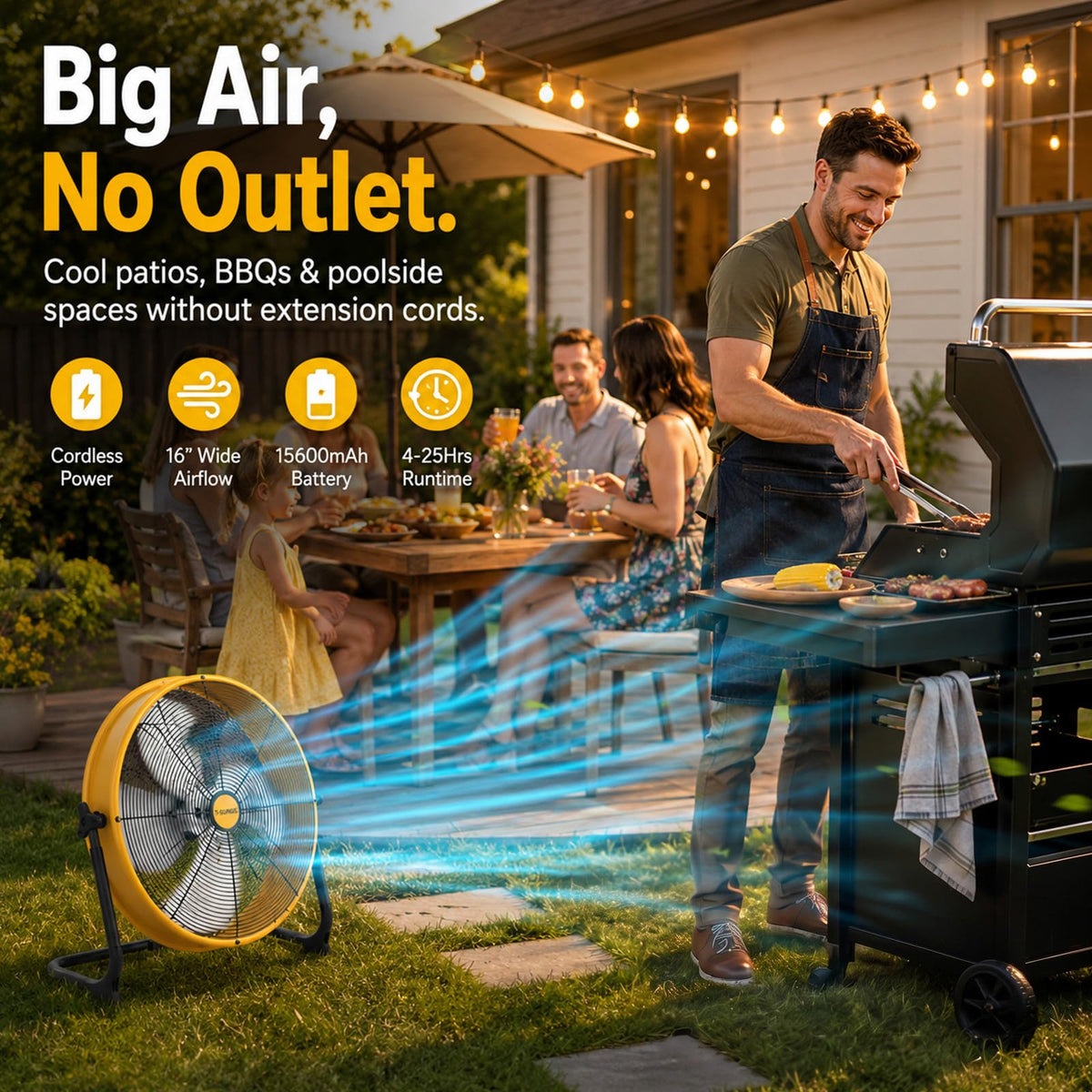 T-SUNUS 16" Battery Powered Floor Fan, 15600mAh Rechargeable Cordless Fan 2500 CFM High Velocity Airflow, Quiet Brushless Motor, 360° Adjustable Tilt for Home Garage Outdoor Patio RV Emergency Camping
