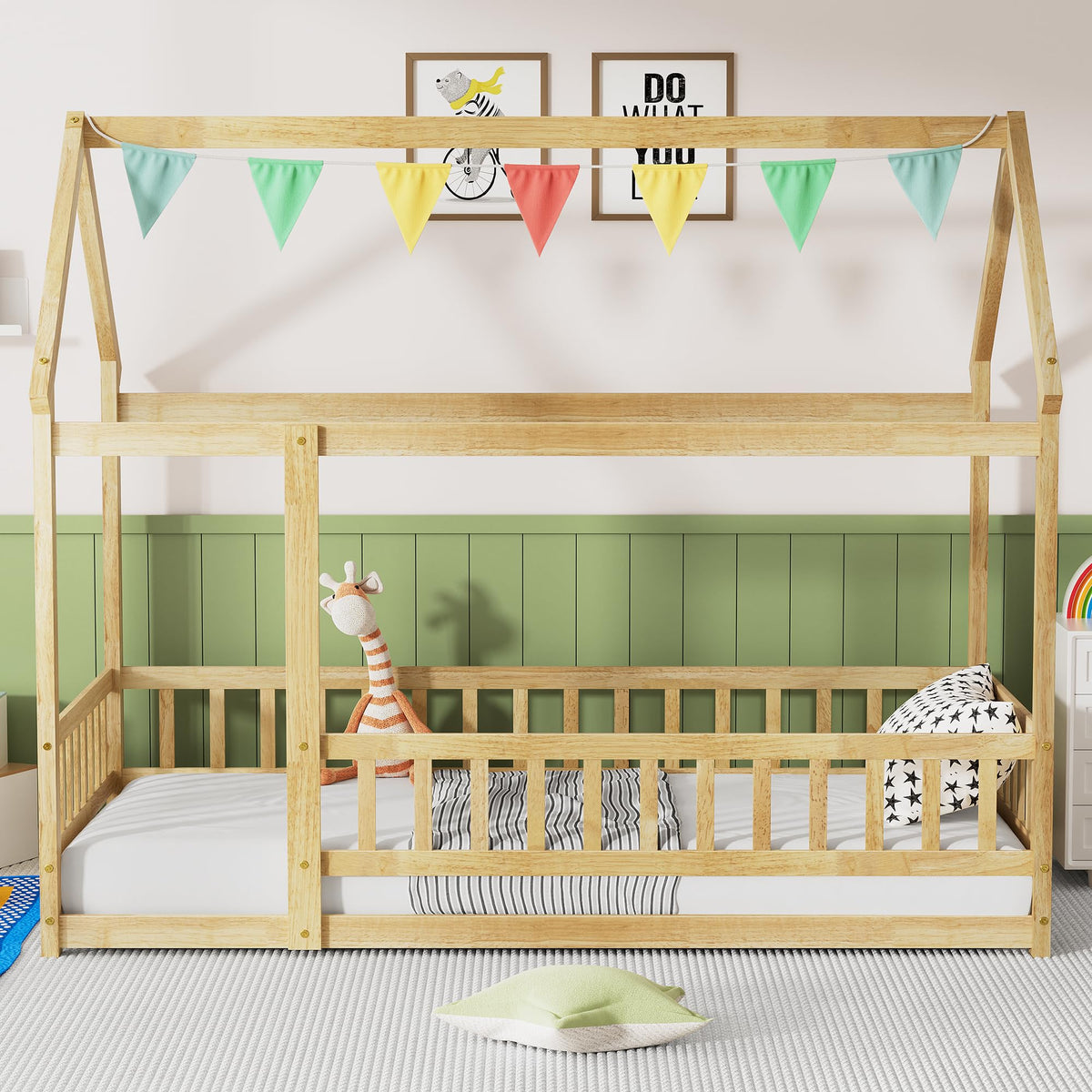PVWIIK Twin Montessori Floor Bed with High Rails & Roof for Kids Bedroom,High Rails Bed Frame with Fence,No Box Spring Needed, Natural