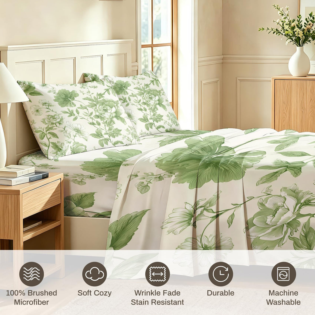 Green Floral California King Bedding Set Farmhouse Botanical Sheet Sets