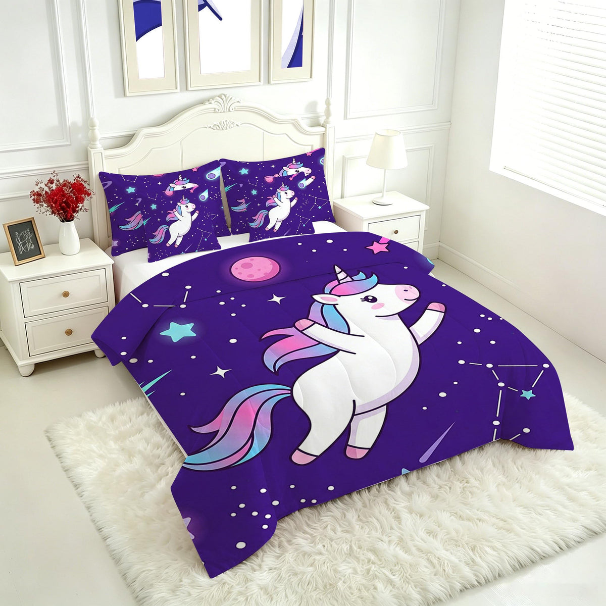 FUYEUN Unicorn King Comforter Set with Sheets for Kids Boys Girls Starry Sky Print 7 Pieces Cute Bedding Set Cartoon Animal Bed in a Bag Princess Room Decor