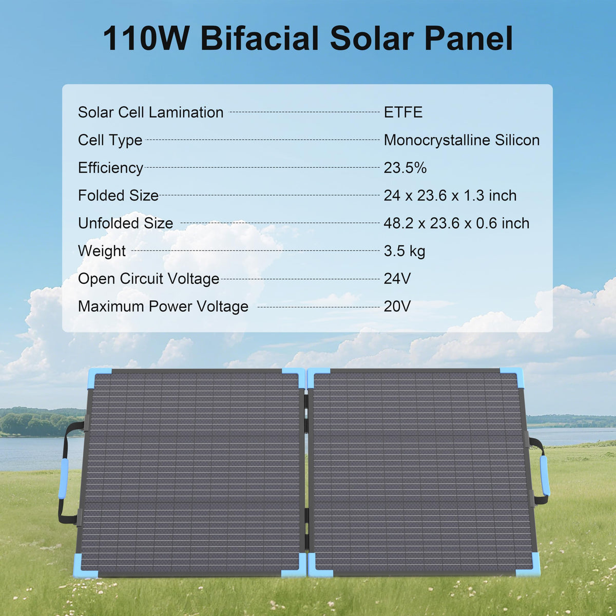 E-POWO 110W Bifacial Portable Solar Panel Suitcase, 23.5% High Efficiency ETFE Foldable Solar Charger for Power Station,IP68 Waterproof 2 Reinforced Kickstands for RV Camping Off-Grid Blackouts