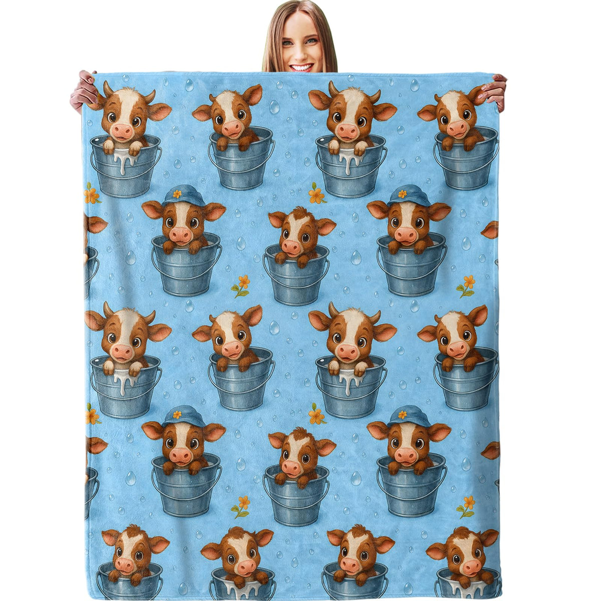 Cute Calf Bucket Blanket, Plush Soft Lightweight Warm Cozy Flannel 60×50 inch Throw Blanket with Adorable Cow Farmhouse Print for Couch, Travel, Bed, Outdoor, Gifts for Boys Girls Women Adults Kids