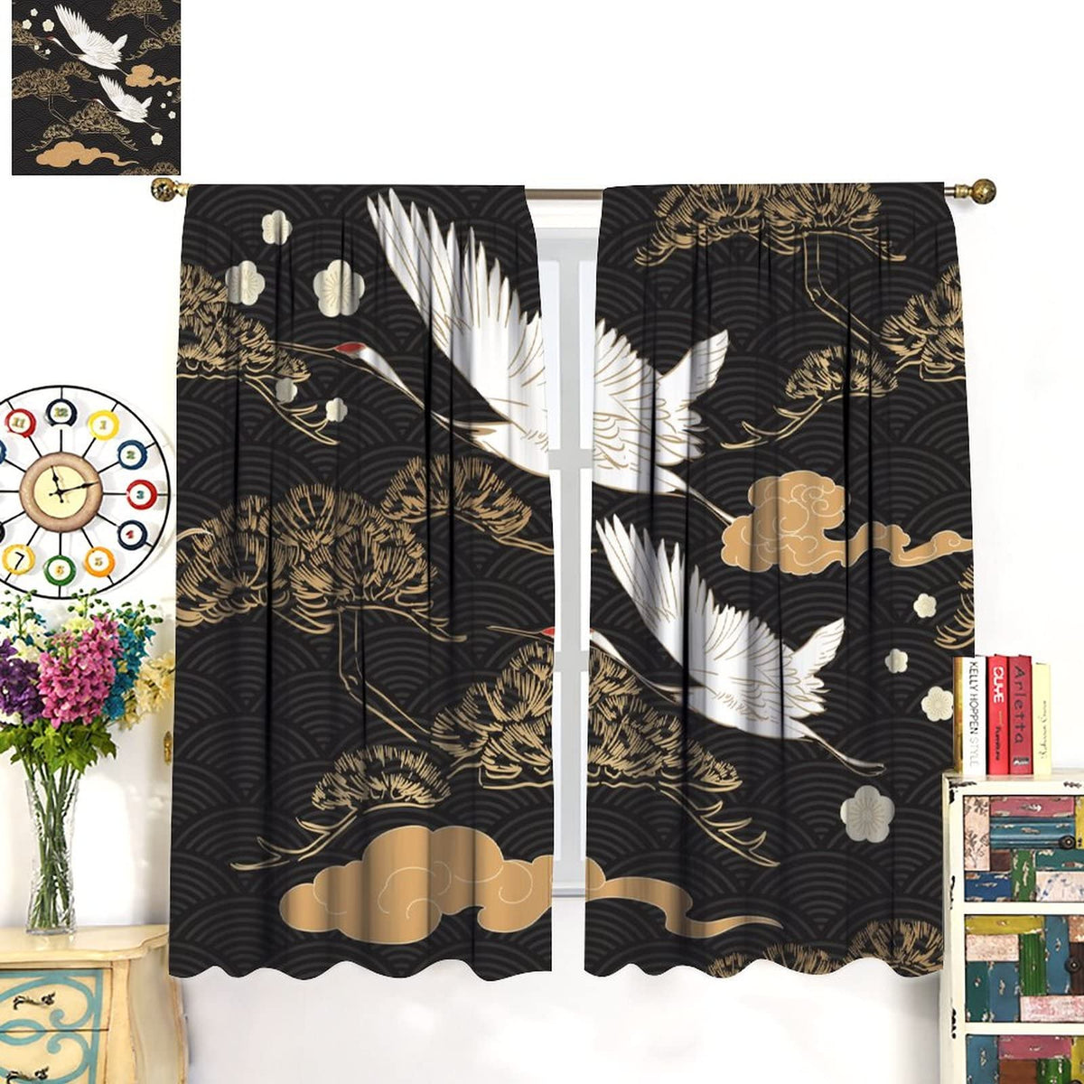 Japanese Style Curtains, Retro Red Crane Black and Gold Pine Tree Wave Abstract Asian Style, Bedroom Living Room Blackout Curtains, 2 Panel Set,42X45 Inch