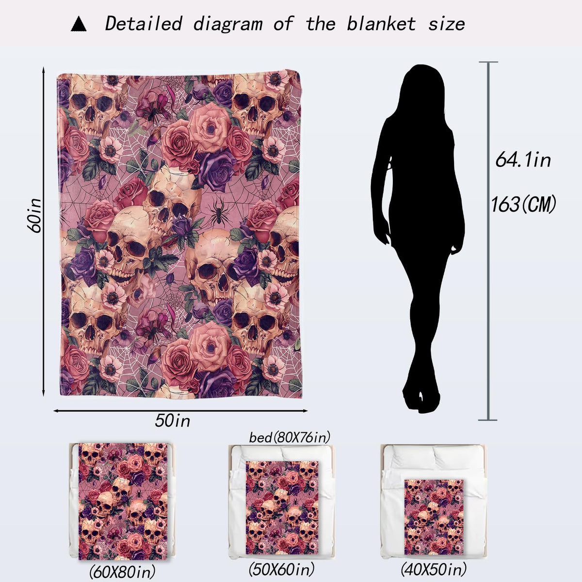 ainori Gothic Rose and Skull Flannel Blanket - Goth Floral Dark Pink Throw,Gifts for Girls Women, Ultra Soft & Warm,Lightweight, for Couch Bedroom Living Room Halloween Festive Goth Decor 50x60in