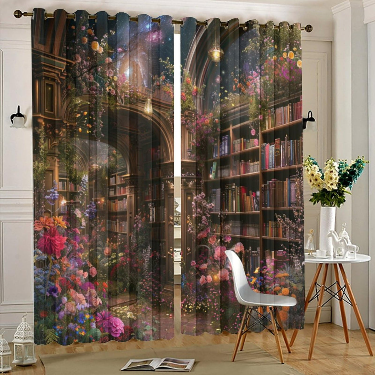 HDESDIS Floral Bookshelf Blackout Curtains for Bedroom Living Room, Colorful Star Galaxy Library Thermal Insulated Curtains Window Drapes with Grommet, 21W x 45L, 2 Panels