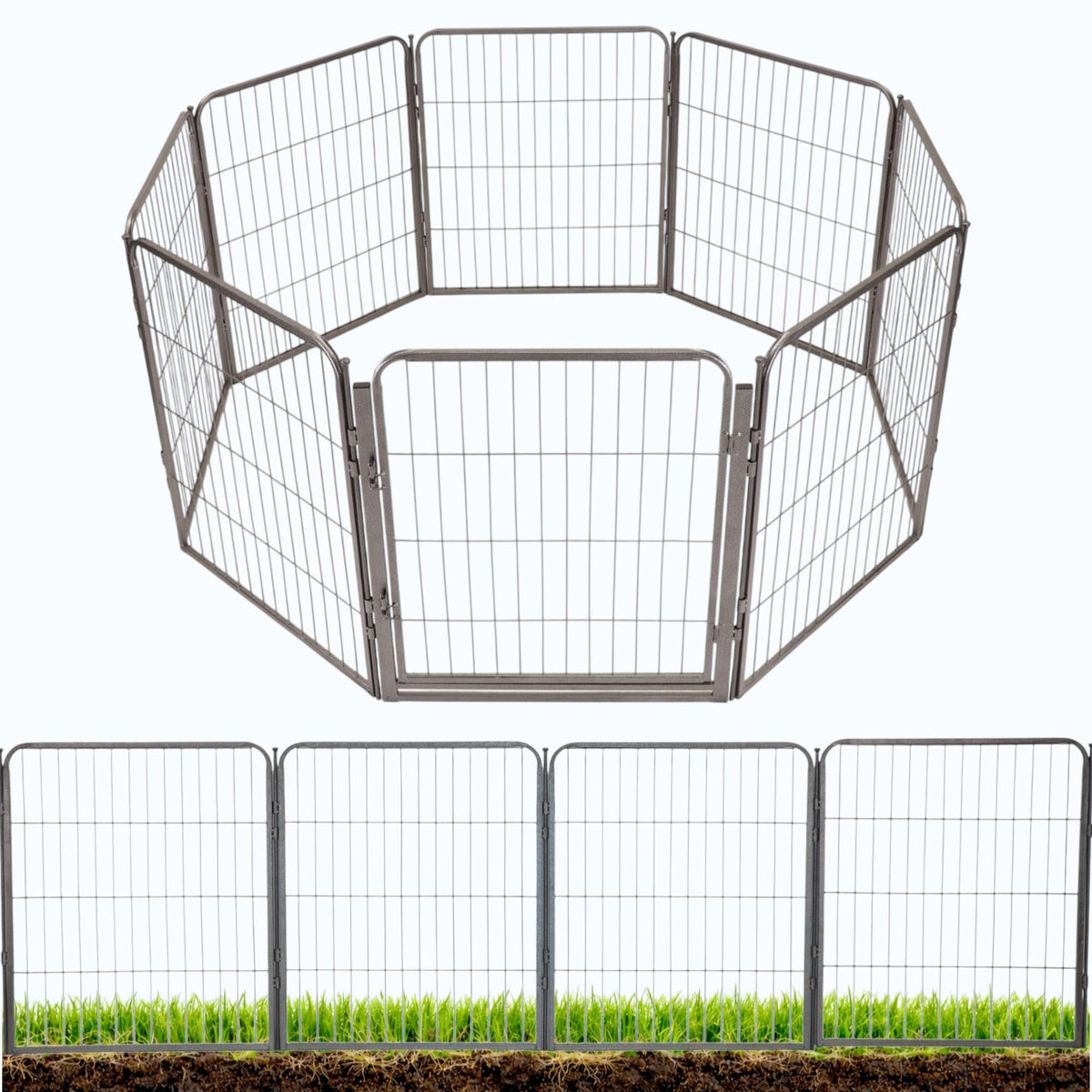 Kozy Kennels Decorative Outdoor Garden Fence - 32in, 8 Panels - Grey Heavy Duty Metal Fencing w/Anti-Rust Coating & Extra Wide Gate for Yard, Flower Bed Border, Dog & Animal Barrier