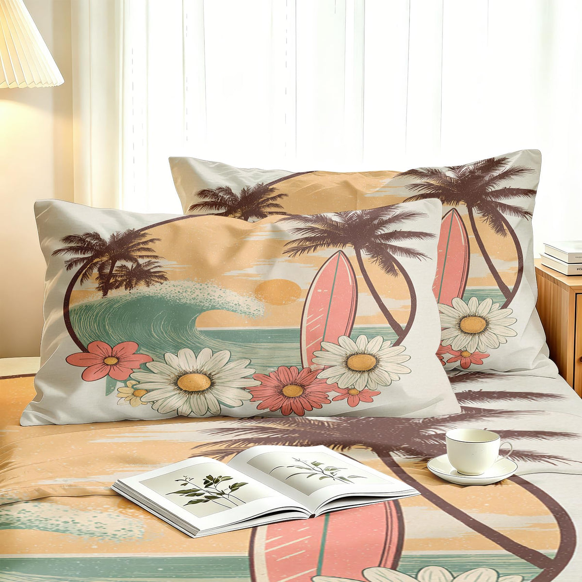 Tropical Beach Sheet Set, 4 Pcs Full Size Surfing Themed Bed Sheets