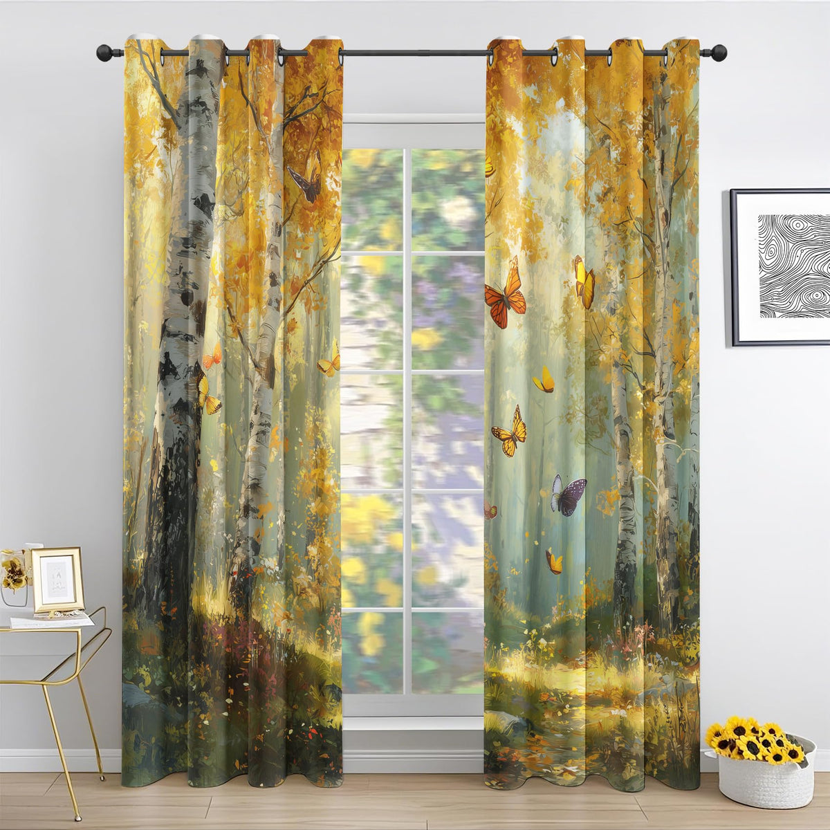 Fall Forest Curtains for Bedroom Living Room, Birch Tree Blackout Curtains 63 Inches Long, Autumn Landscape Drapes, Thermal Insulated Room Darkening Grommet Window Treatments 2 Panels