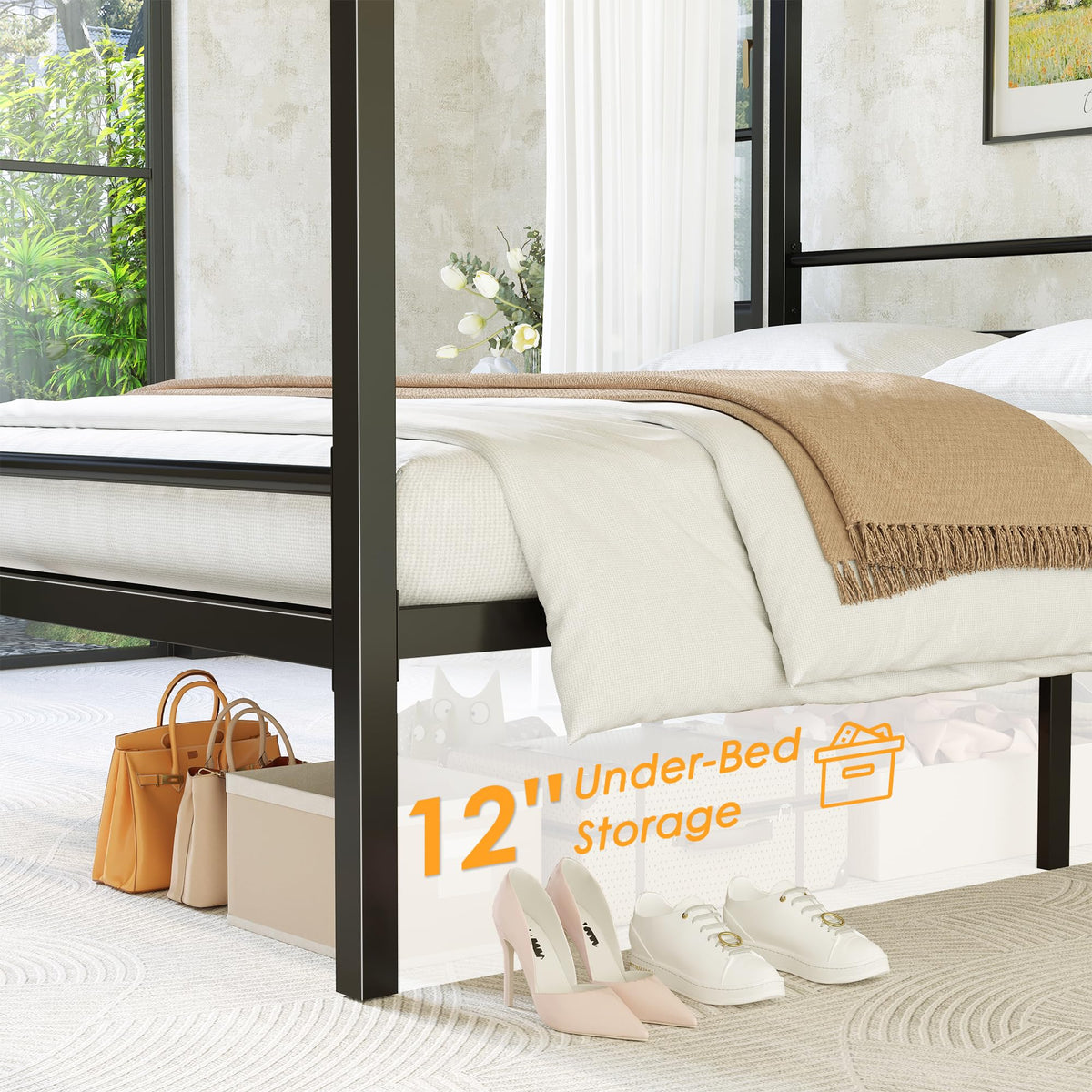 Lutown-Teen King Size Canopy Bed Frame, Four Poster Metal Canopy King Size Bed Frame, Heavy Duty Mattress Foundation with Underbed Storage, No Box Spring Needed, Easy Assembly, Black