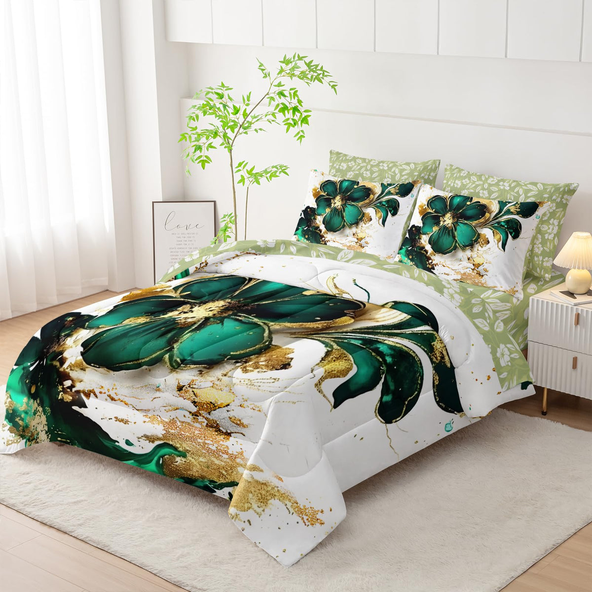 AILONEN Gold Green Floral Comforter Set Twin Size,7-Piece Soft Bed in a Bag,Marble Flower Comforter & Fitted Sheet & Flat Sheet & 2 Pillowcases,2 Pillow Shams for Girls Women