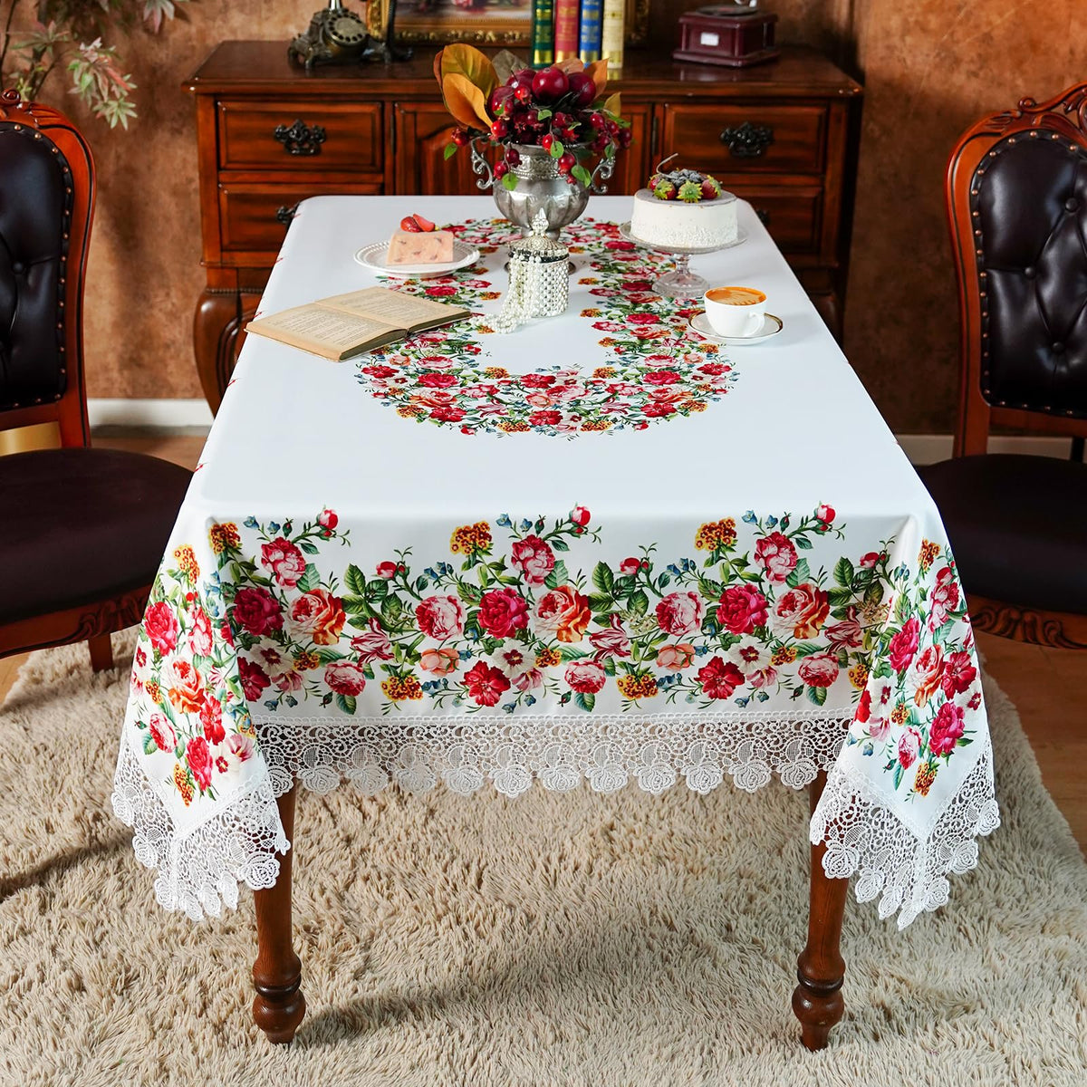 SUTAVIA Floral Lace Tablecloths Waterproof Rectangle Table Cloth Farmhouse Washable Table Cover for Home Holiday Thanksgiving Christmas Party Dining Table (White, 60"x104")