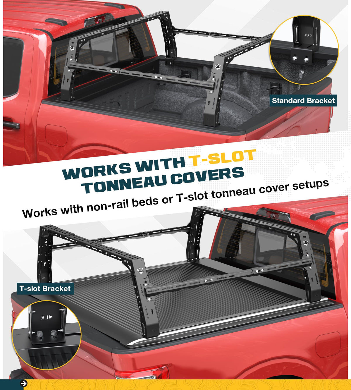 Trumgeta Overland Bed Rack Fit for Full-Size Pickups, Adjustable Truck Ladder Rack for T-Slot Tonneau Covers, 18.8"-25" Height Bed Rack with Side Cross Bars, Fit for F150/Ram 1500/Silverado/Sierra