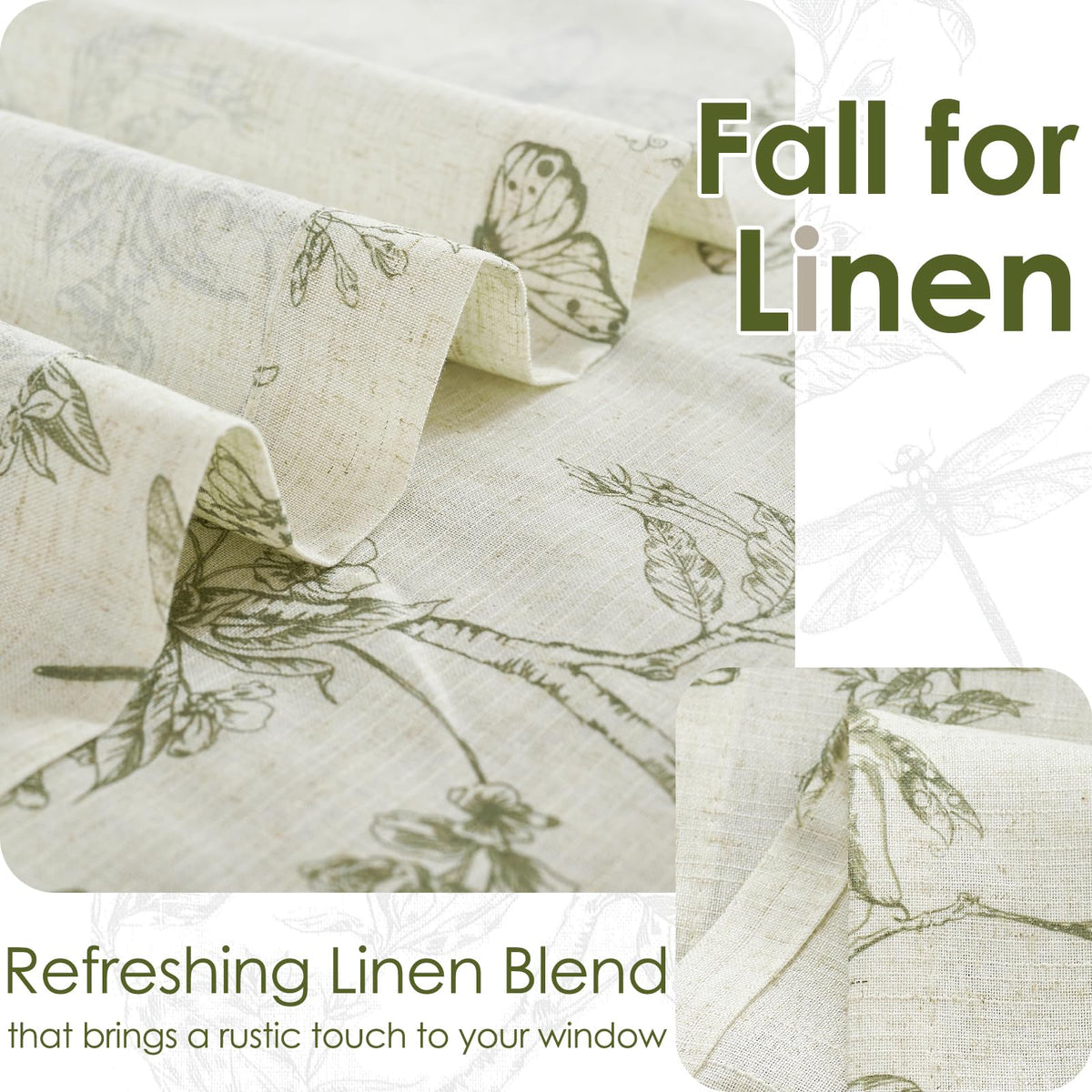 Lazzzy Linen Floral Kitchen Curtains 36 Inch Long, Green Farmhouse Kitchen Window Rustic Country Small Curtains Rod Pocket Tiers, Set of 2, Green on Beige