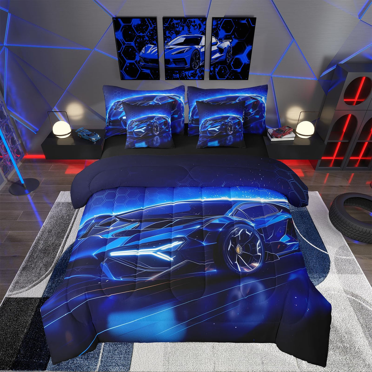 Feelyou Kids Boys Sports Car 7 Piece Bedding Set Full Size Blue Race Car Comforter Set with Sheets for Kids Teens Boys Girls Extreme Sports Theme Bed in a Bag Speed Luxury Car Bed Set