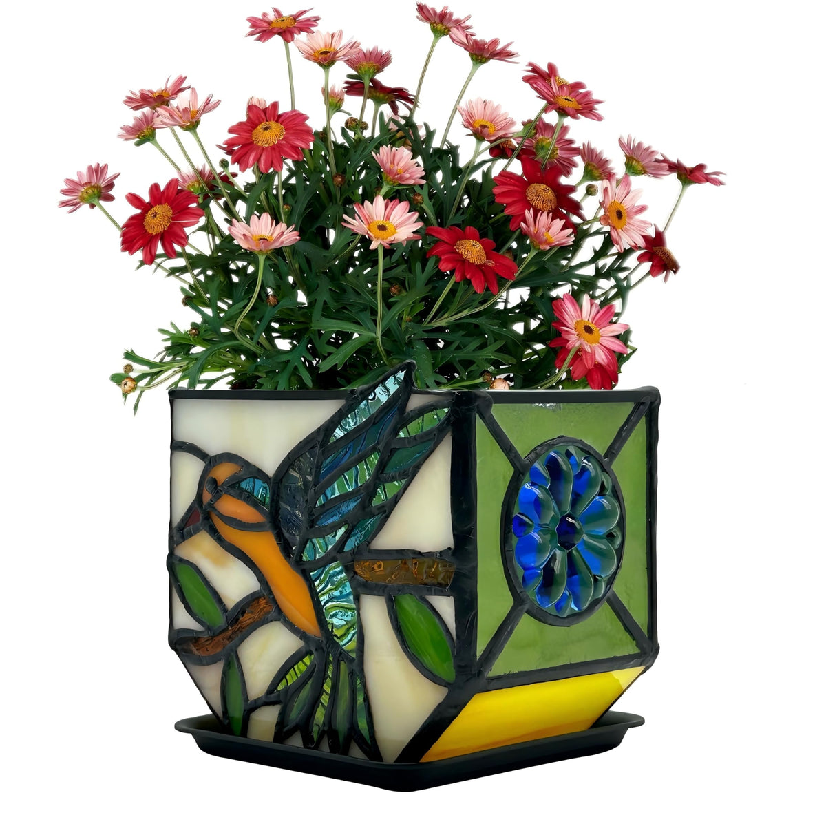Entlityful Handcrafted Stained Glass Hummingbird Planter, Indoor Decorative Flower Pot with Drainage, Planters for Indoor Plants,Garden Home Decor