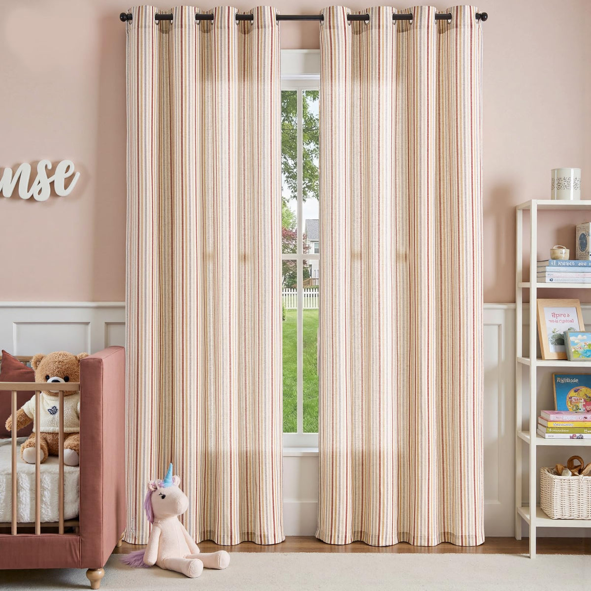 jinchan Linen Curtains for Nursery Bedroom 84 Inch Long Multi Red on Beige Striped Curtains for Living Room Cute Ticking Stripe Farmhouse Baby Girl Kids Room Light Filtering Grommet Drapes 2 Panels