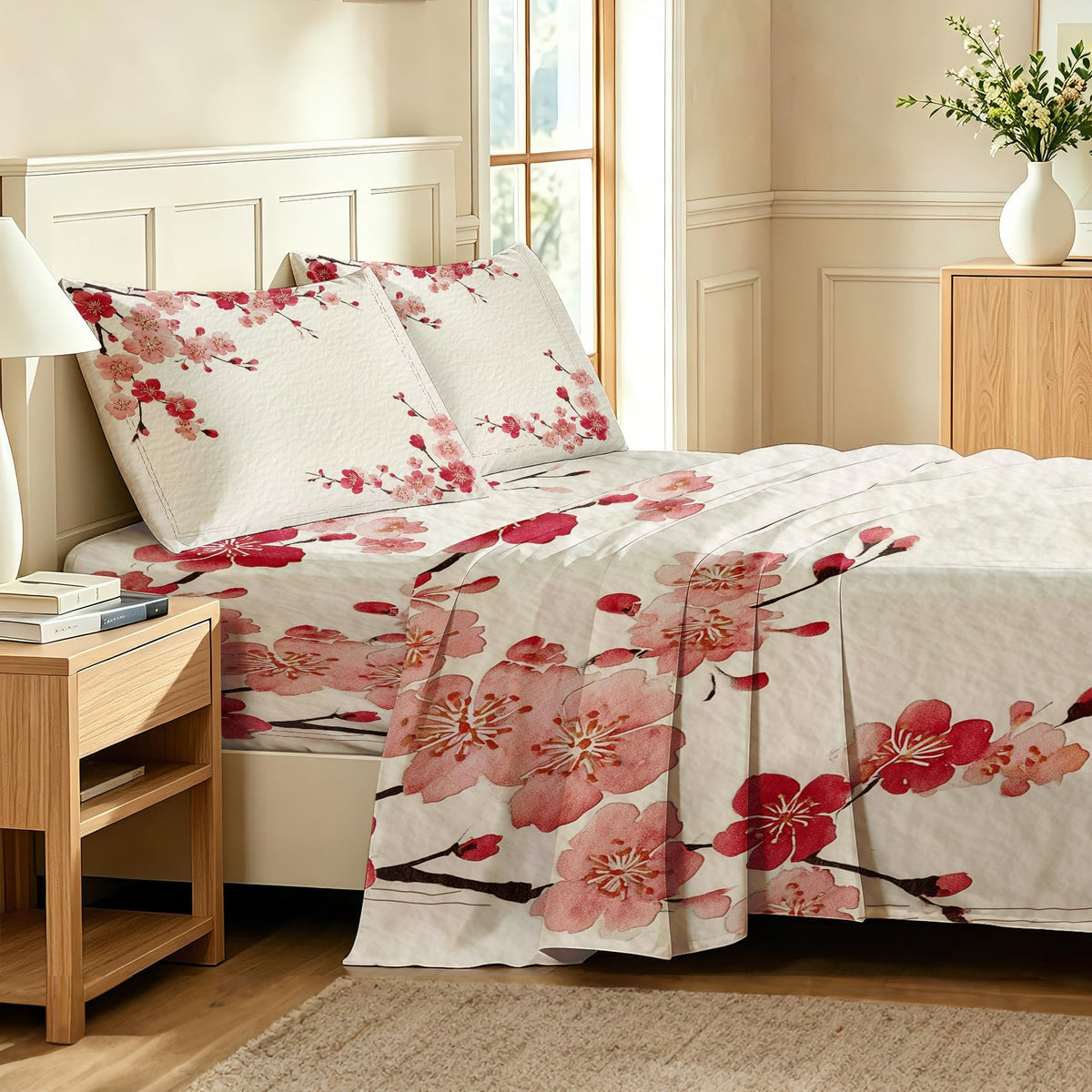 Cherry Blossom California King Sheet Set Red Flower Flat Fitted Sheet Sets