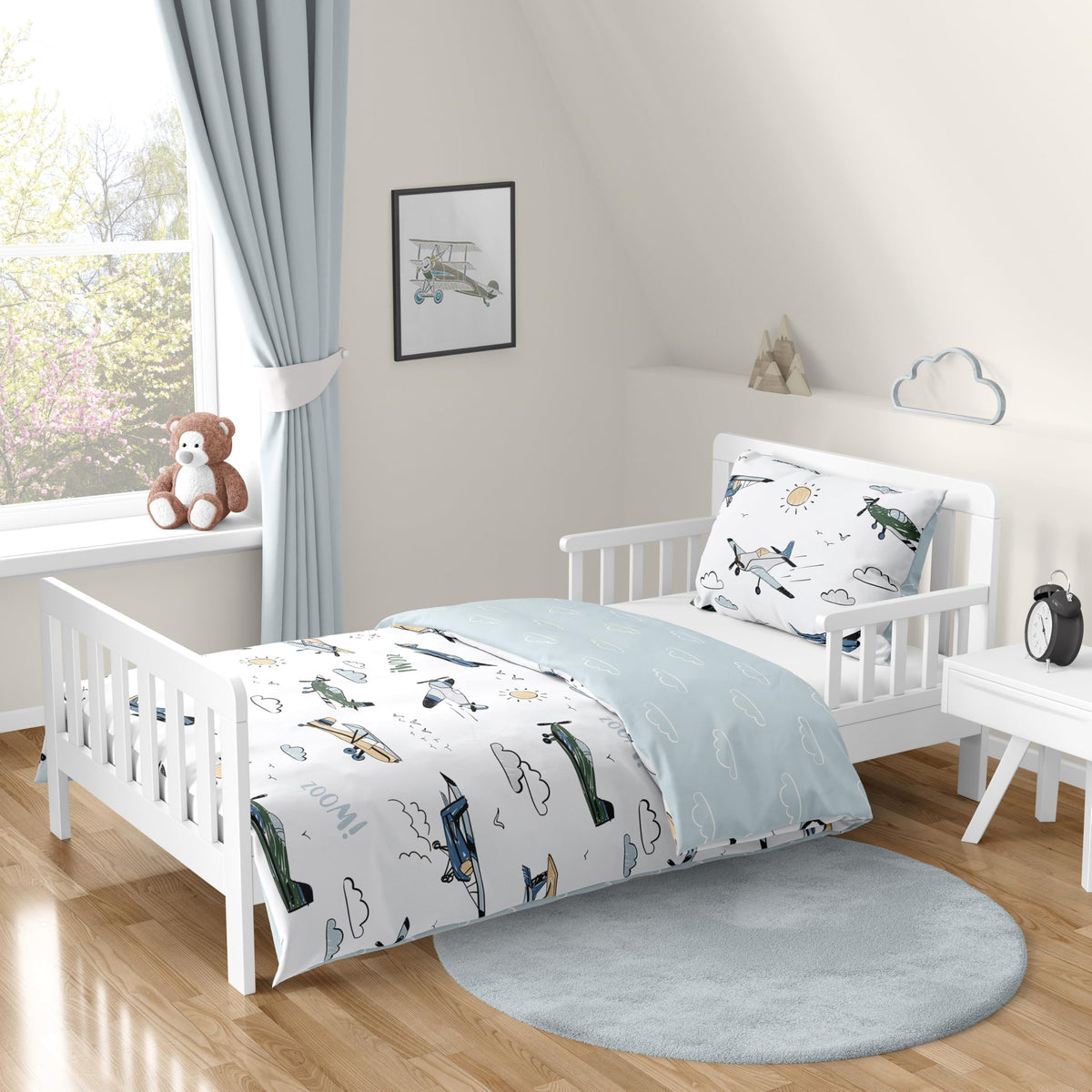 Sweet Jojo Designs Vintage Airplane Boy Toddler Bedding Set Kids Children 5pc Bed in a Bag with Comforter Blanket Pillowcase Sham and Sheets Grey Green Blue White Yellow Transportation Clouds Sun Sky