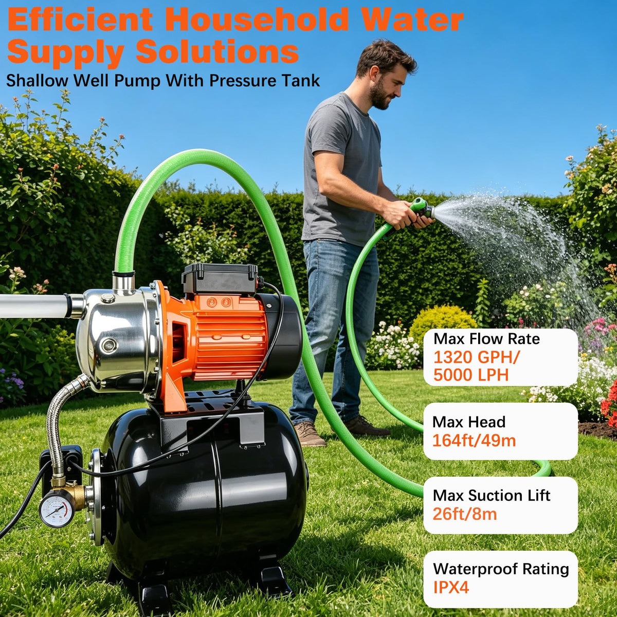 Ioboneed 1 HP Shallow Well Pump with Pressure Tank, 1000 GPH, Automatic Irrigation Water Booster Pump with 130 ft Head Lift 20/40 PSI Pressure Switch 304 Stainless Steel Pump Head for Home Garden Lawn