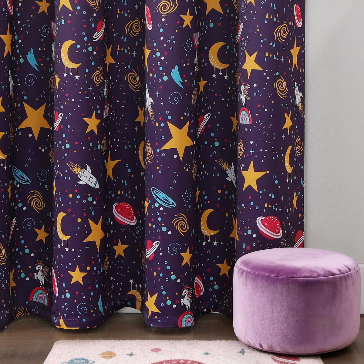 Estelar Textiler Unicorn & Rocket Theme Purple Blackout Curtains 72 Inch Long 2 Panel, Room Darkening Thermal Insulated Drapes for Nursery Bedroom, Star Moon Curtains Decor for Kids Room, 38x72 inch