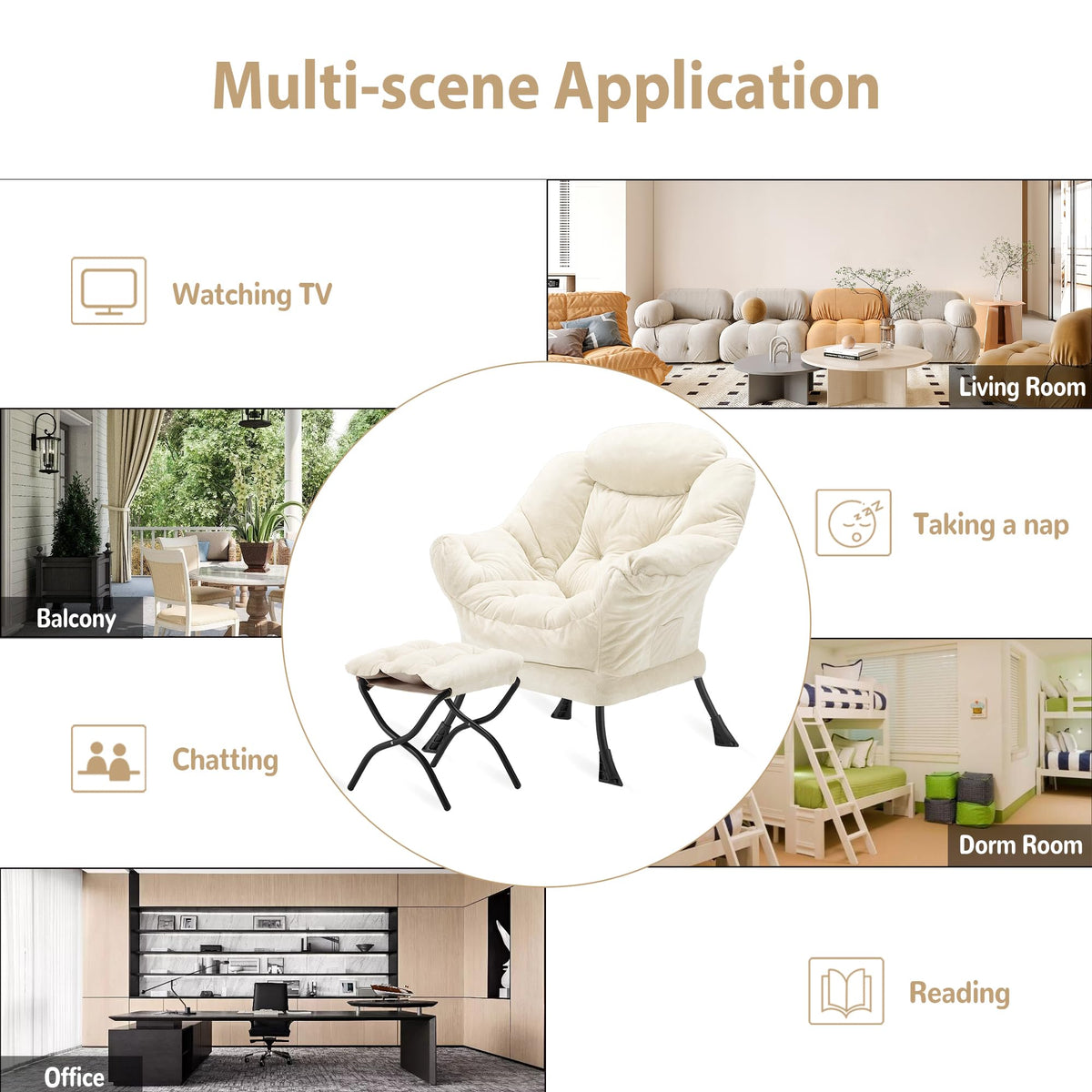 Youtanic Lazy Chair with Folding Ottoman, Accent Chair Plush Upholstered with Metal Structure and Non-Slip Pads, Sofa Armchair with Footrest and Side Storage Bag for Dorm, Room, Office, Beige
