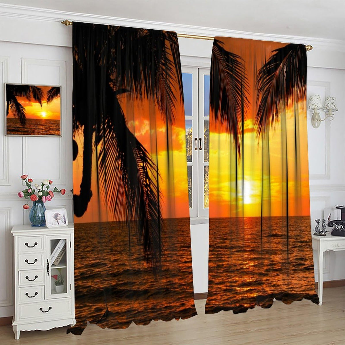 Focusbrite Tropical Ocean Sunset Window Curtains,Sea Beach Seaside Palm Tree Dusk Nature Scenery Print Decor Home Apartment Bedroom Living Room Set 2 Panels,42x45 Inches
