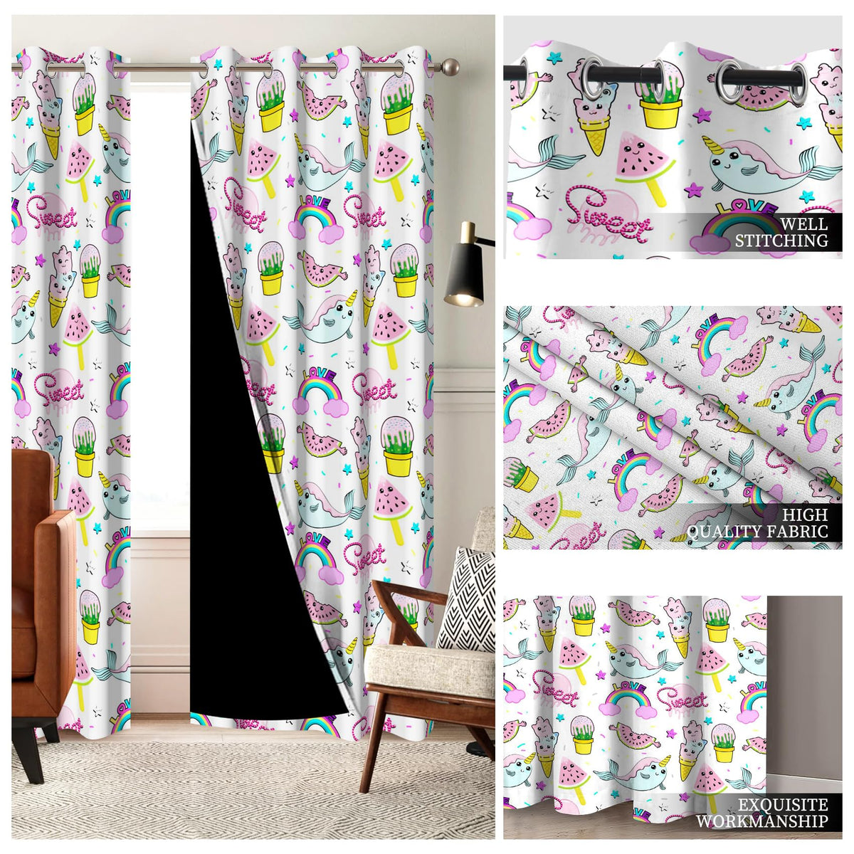 AOFOTO Cute Unicorn Narwhal Rainbow Pattern Kids Bedroom Curtains 2 Panel Sets, Summer Watermelon Ice Cream Print Blackout Curtains Pink Window Drapes for Girls Bedroom Nursery Decor 42x63 Inches