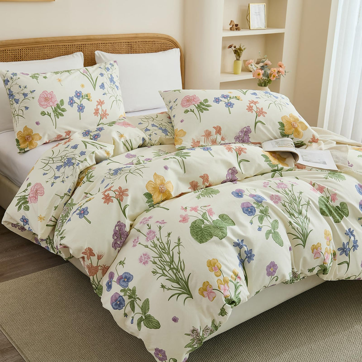 Cozaline 100% Cotton Duvet Cover King Size – Botanical Garden Print, Green Floral Duvet Cover Set with Zipper Closure, 3-Piece Soft Breathable Natural Cotton Bedding Set for All Seasons