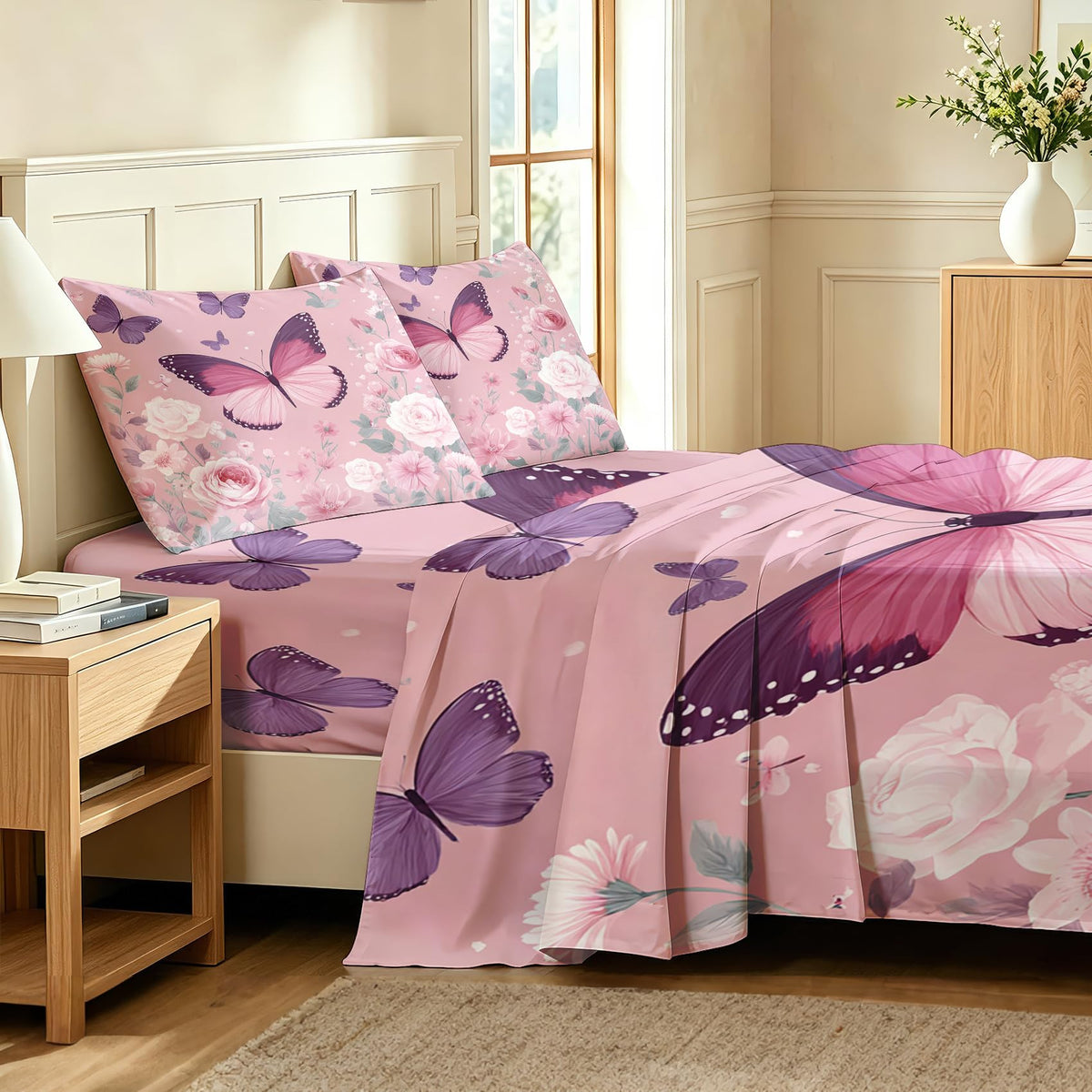 Pink Rose Bedding Set 4 Pcs Girls Butterfly Queen Sheets