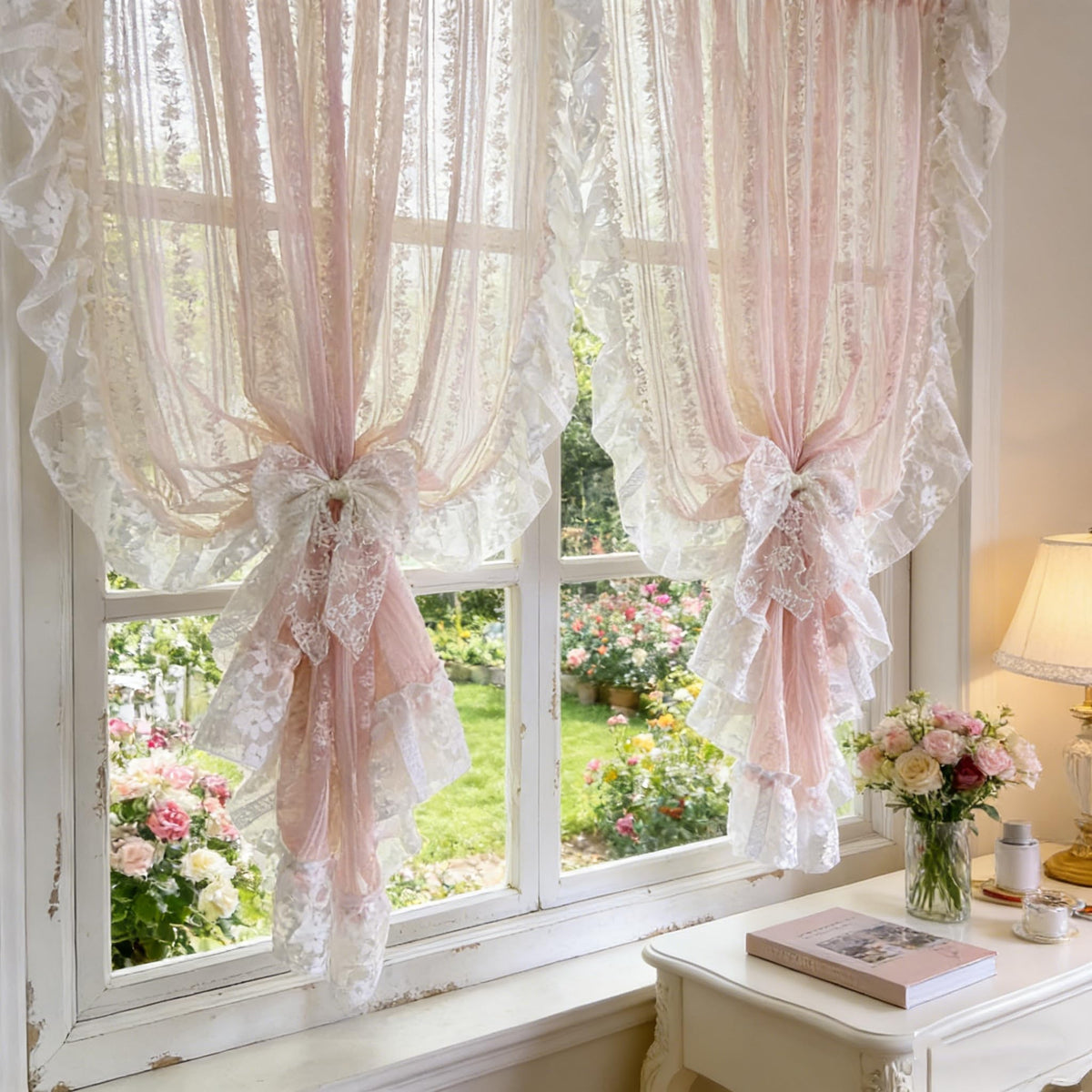 NewWPKIRA Floral Embroidery Sheer Lace Curtain with Ruffle Trim Romantic Gauze Curtains for Girl's Bedroom Living Room Rod Pocket Top 2 Panels (Pink,W59 x L47 inches)