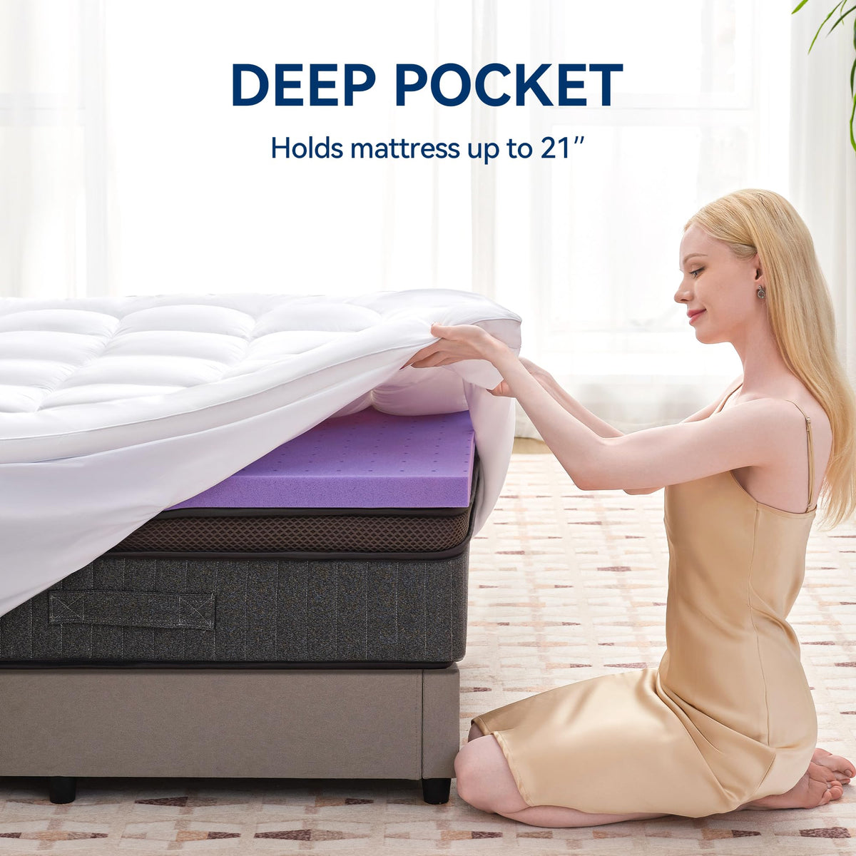 BDEUS Dual Layer 5 Inch Memory Foam Mattress Topper Queen Size, 2 Inch Gel Memory Foam Plus 3 Inch 1450 GSM Down Alternative Quilted Pillow Top Mattress Pad Cover,White