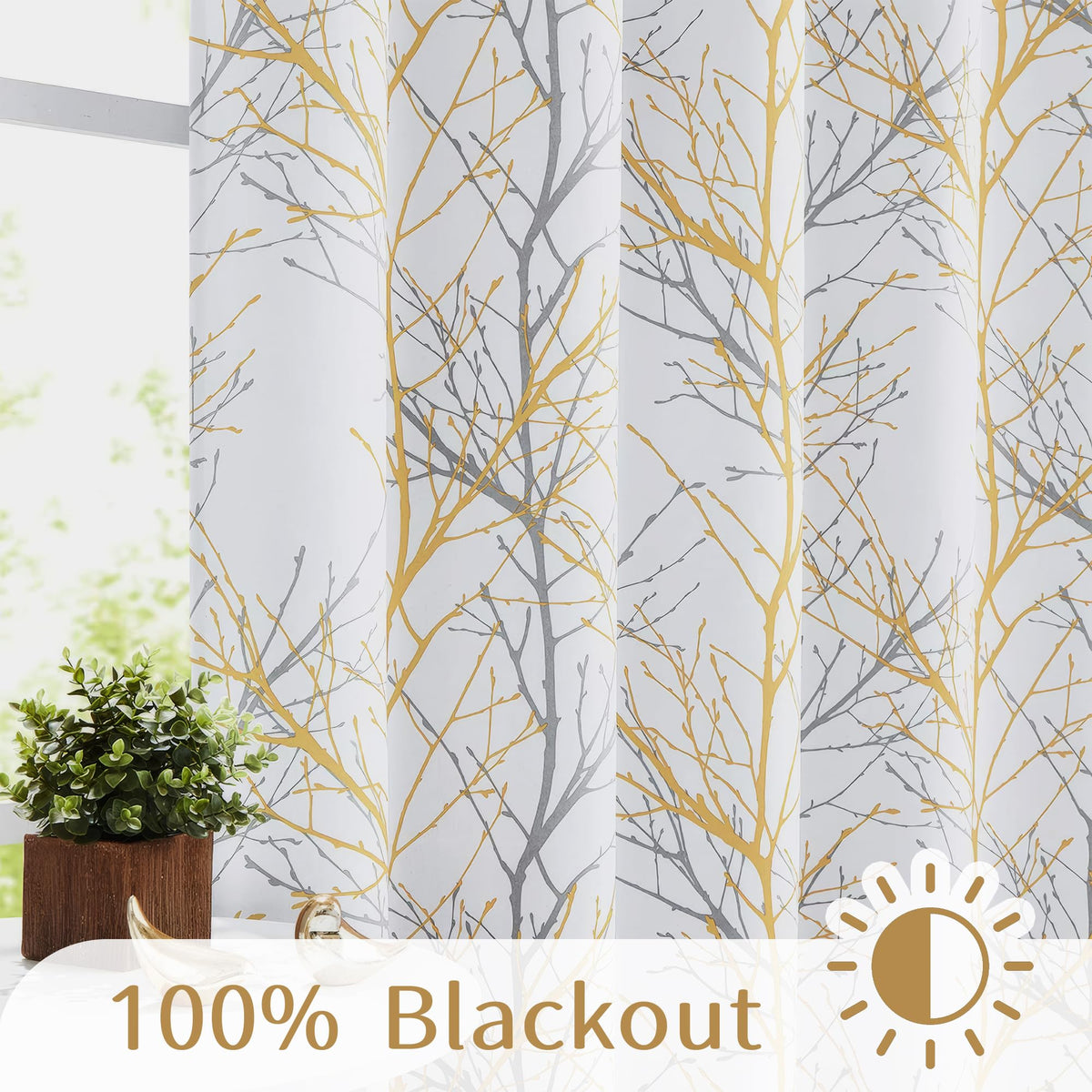 FMFUNCTEX 100% Blackout Yellow on White Tree Curtains for Bedroom, Curtains 84 Inches Long Branch Curtain Panels for Living Room, Room Darkening Thermal Insulated Window Drapes, Grommet Top 2 Panels