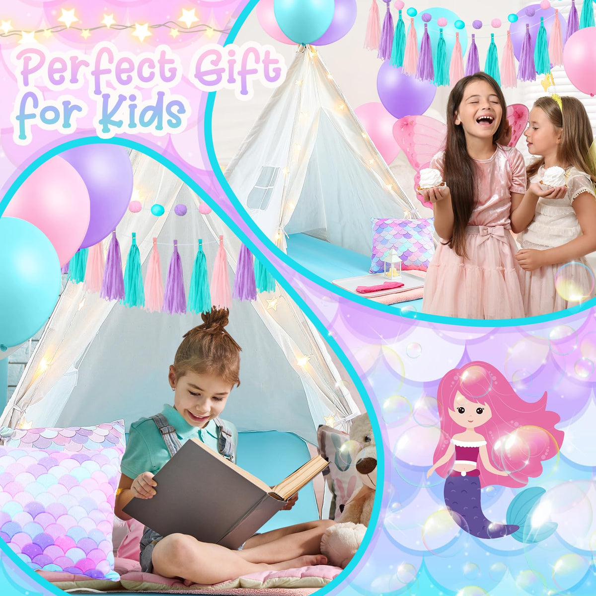 Windyun 4 Pack Mermaid Teepee Tent for Kids with Inflatable Airbed, String Light Fitted Sheet Mermaid Pillow Washable Toddler Indoor Play Tent for Girls Boys Sleepover Slumber Party